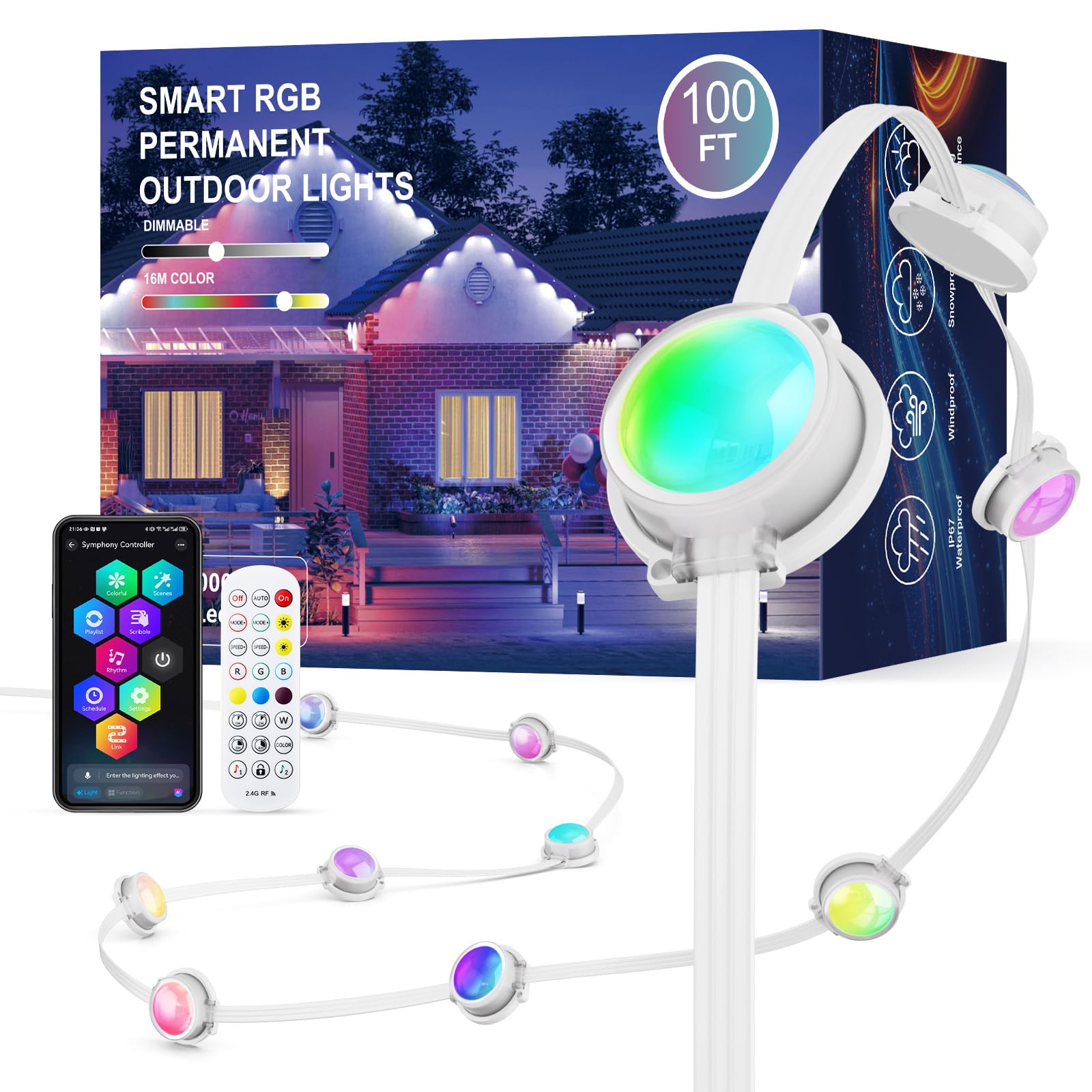 JOH Permanent Outdoor Lights, 100FT with RGB+IC Smart LED Outdoor Lights for House, App & Remote Control, DIY Scene Modes, IP67 Waterproof Christmas Light, Holiday, Party, Halloween Decorations