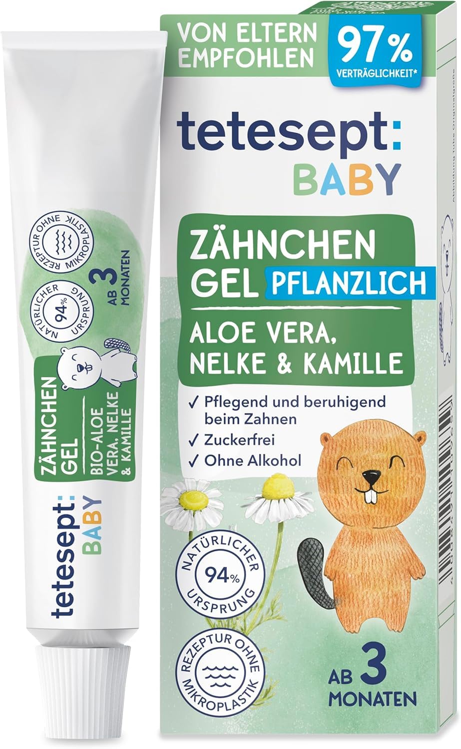 tetesept Gel dental para bebés 10 ml con aloe vera, clavo y manzanilla, calma encías, sin azúcar ni alcohol