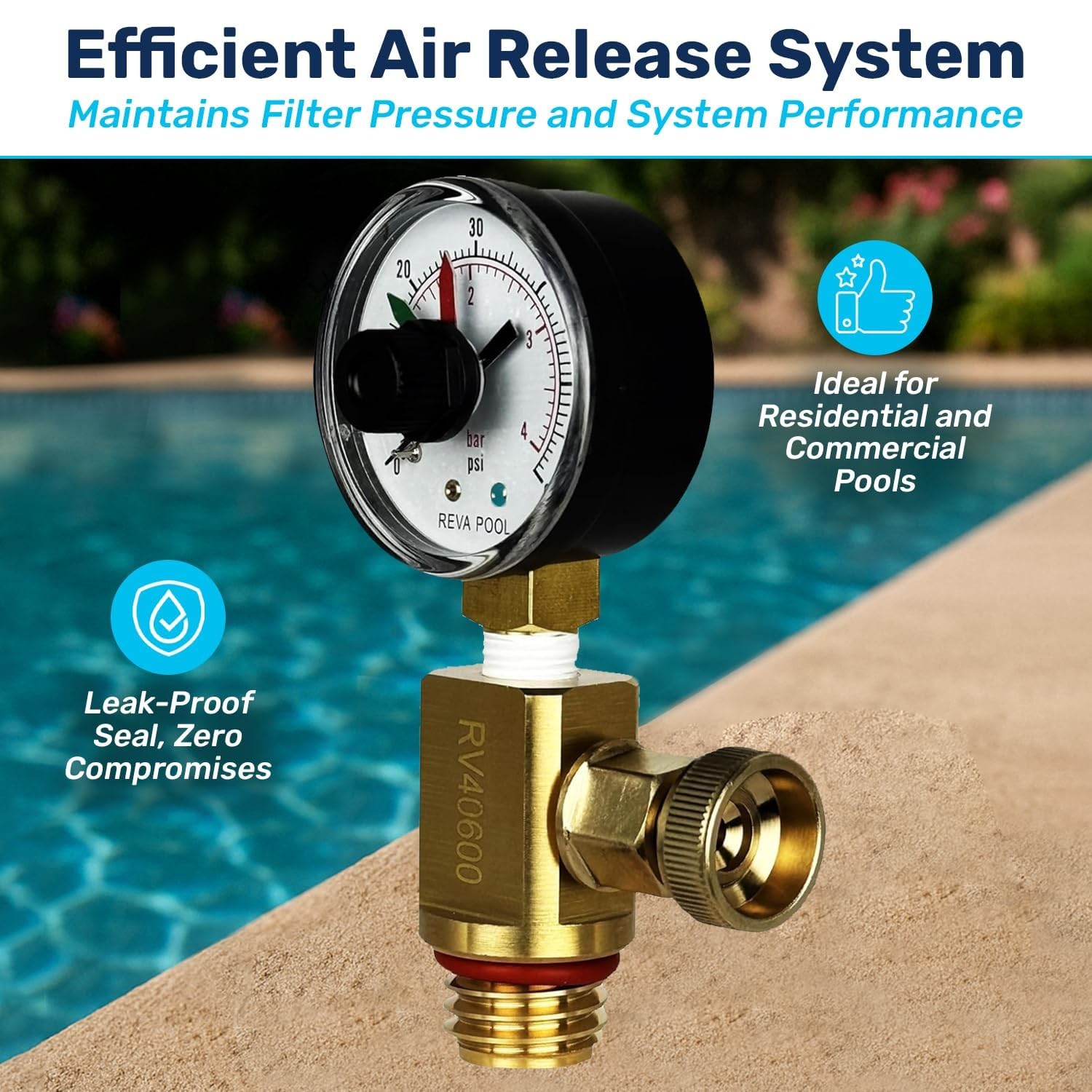 RV40600 (98209800) Válvula de alivio de aire de latón | Compatible con sistemas de filtro de piscina - FNS, Clean and Clear, Quad DE, filtros de la serie 4000 I Essential accesorio de
