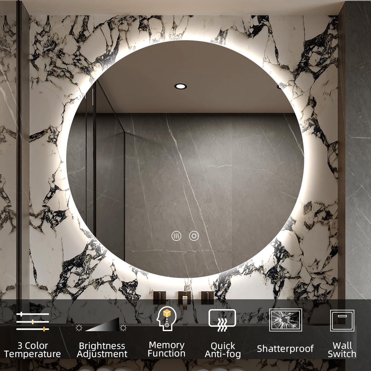 32" H x 32" W Frameless Round LED Backlit Mirror for Bathroom, Smart Circle Mirror with 3 Colors, Dimmable Lighted Mirror with Anti-Fog, IP65 Waterproof, CRI 90+, UL-Listed