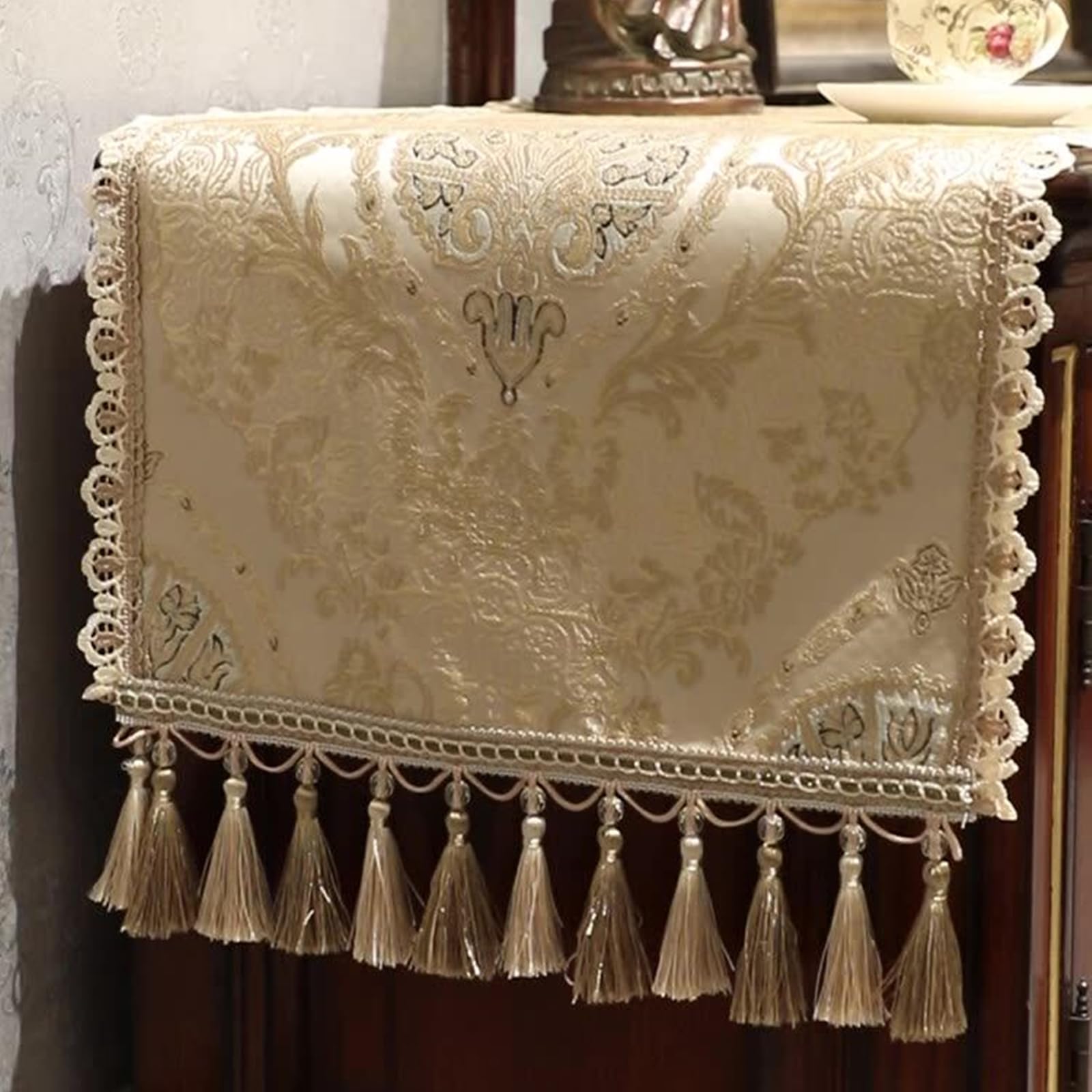 Tischläufer Landhausstil Polybaumwolle, Tischläufer Hochzeit 50x240 cm, Nordisch Jacquard mit Floralem Muster und Quasten