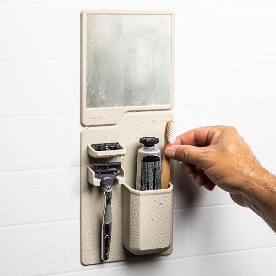 TOOLETRIES The Harvey Toothbrush & Razor Holder, Wall Mounted Bathroom Organizer for Toothbrushes, Toothpaste & Razors, Silicone Shower Organizer, No-Residue Adhesive, Removable & Reusable - Sand