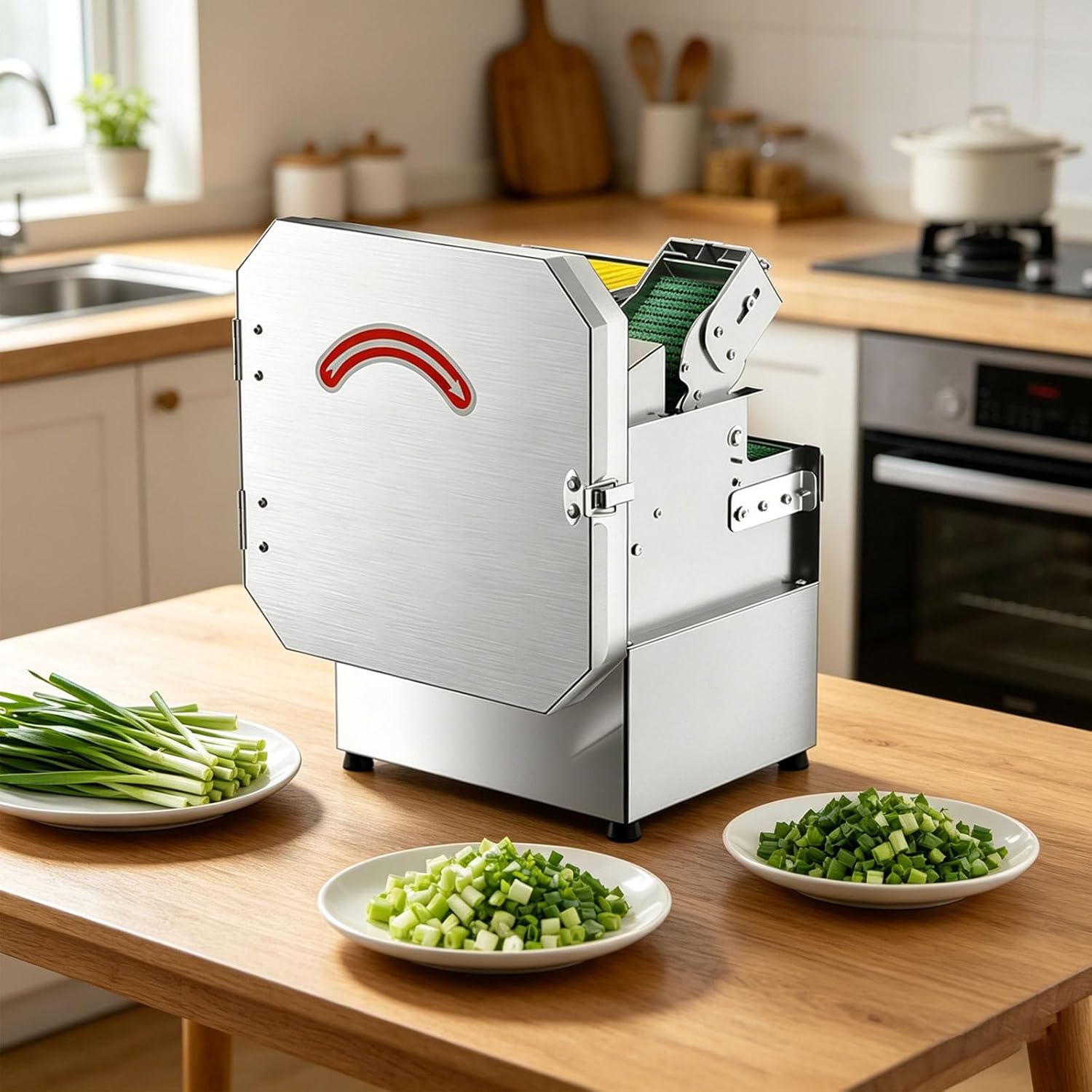 200W Commercial Vegetable Slicer Machine with Conveyor Belt 1.3-35mm Thickness Adjustable for Chives, Garlic Shoots, Cilantro and Scallions