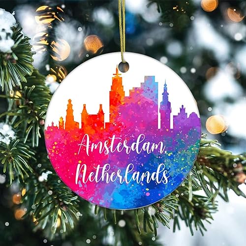 Vista 10 de Two-Side Printed Netherlands-Rotterdam Ceramic Christmas Ornament, Novelty for Family Friends Kids, Colorful City Painting Christmas Keepsake