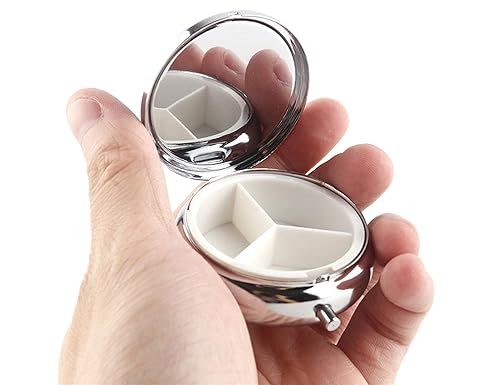 Miniatura 2 de Pastillero – Pastillero portátil redondo de metal plateado, compacto con 3 espacios. Pastilleros personalizados con diseño personalizado,