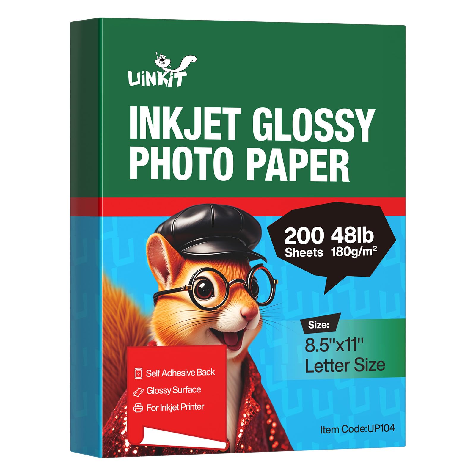Uinkit Carta fotografica lucida su un solo lato, colore bianco brillante, formato lettera, 180 g/m², 21,8 kg, per tintura a getto d'inchiostro, resistente alle sbavature, per uso professionale a casa