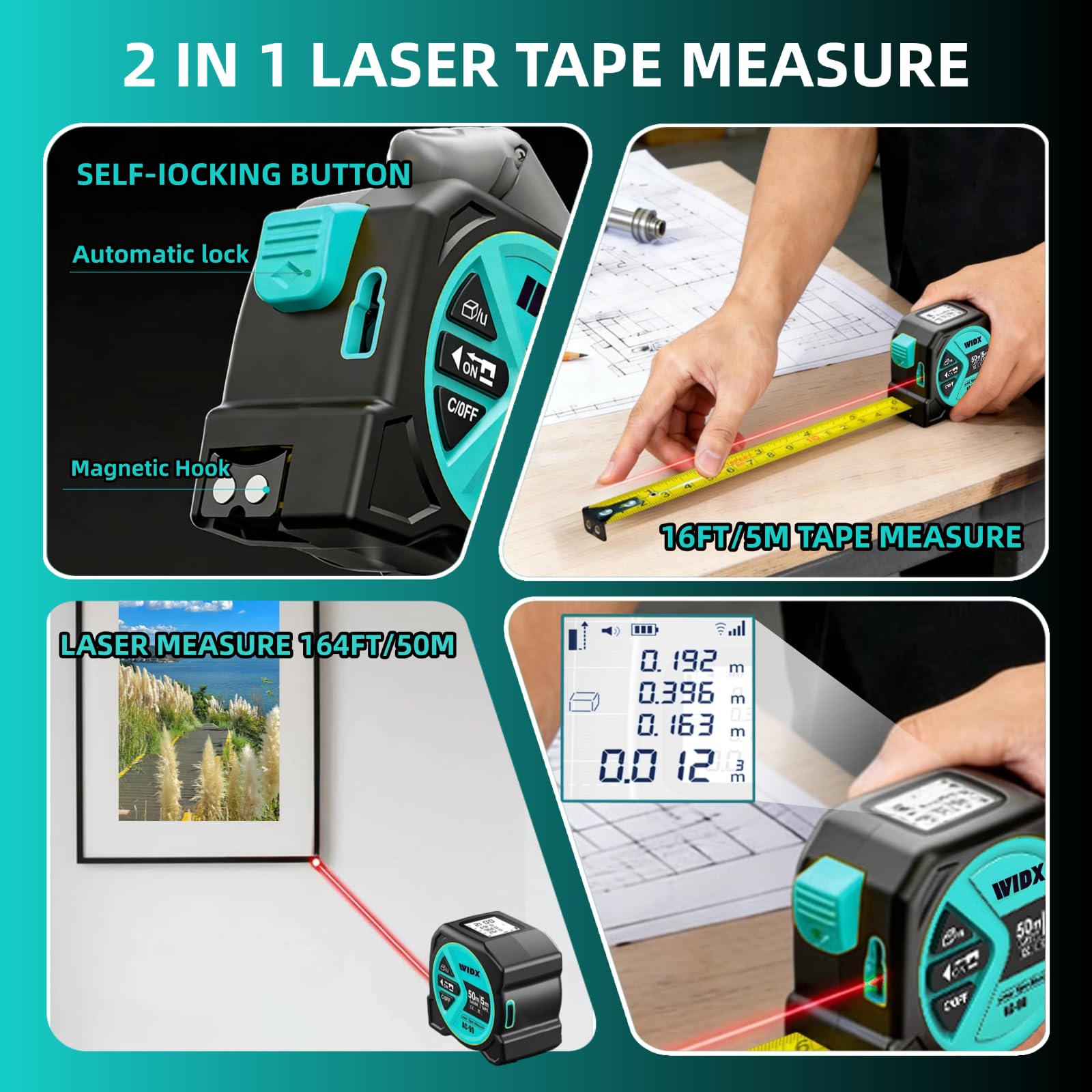 Cinta métrica láser 2 en 1, medición de distancia láser de 164 pies y cinta métrica de bloqueo automático de 16 pies con gancho magnético, pantalla LCD, unidad de pulgadas/pies/m, lineal/área/volumen