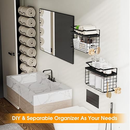 Miniatura 5 de Toallero para baño, toallero montado en la pared, 6 niveles enrollados o plegados con estantes flotantes, toallero de baño para baño, toallas de