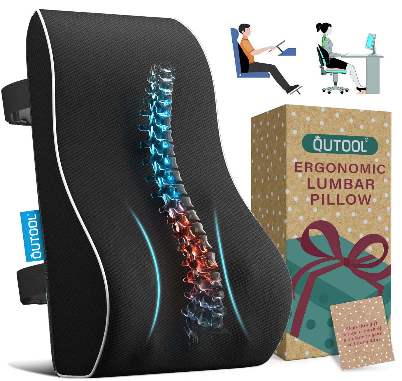 QUTOOL Lumbar Support Pillow with DIY Gift Box - Birthdays Gifts for Women Men, Ergonomic Back Support with Breathable 3D Mesh Cover, Suited for Office Chairs, Gaming Chairs, Car, Home Use (Black)