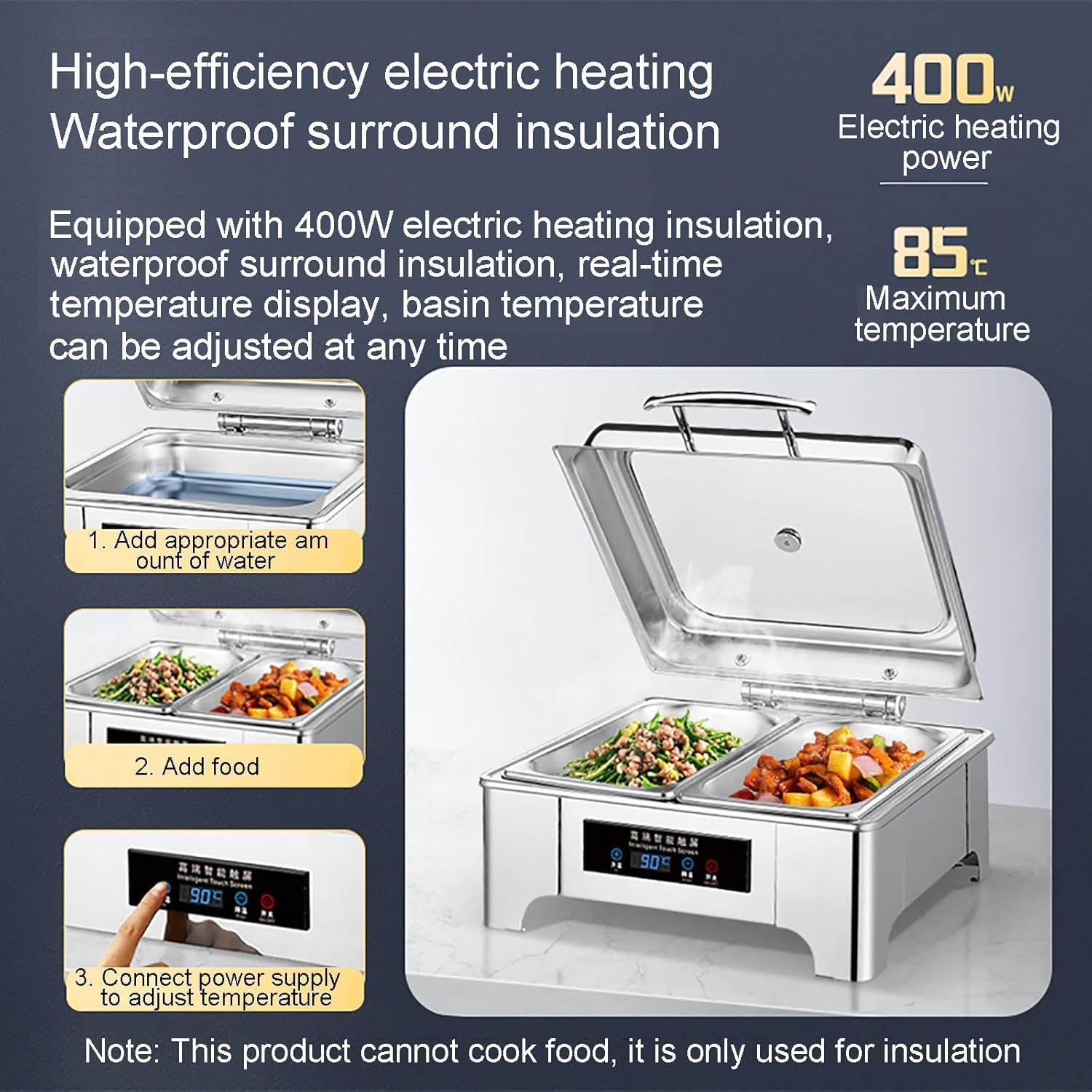 2PC 9L Chafing Dish Elettrico Acciaio Inox, Scaldavivande Elettrico Professionale con Regolazione Intelligente della Temperatura, per Buffet, Feste e Banchetti (1/2PAN)