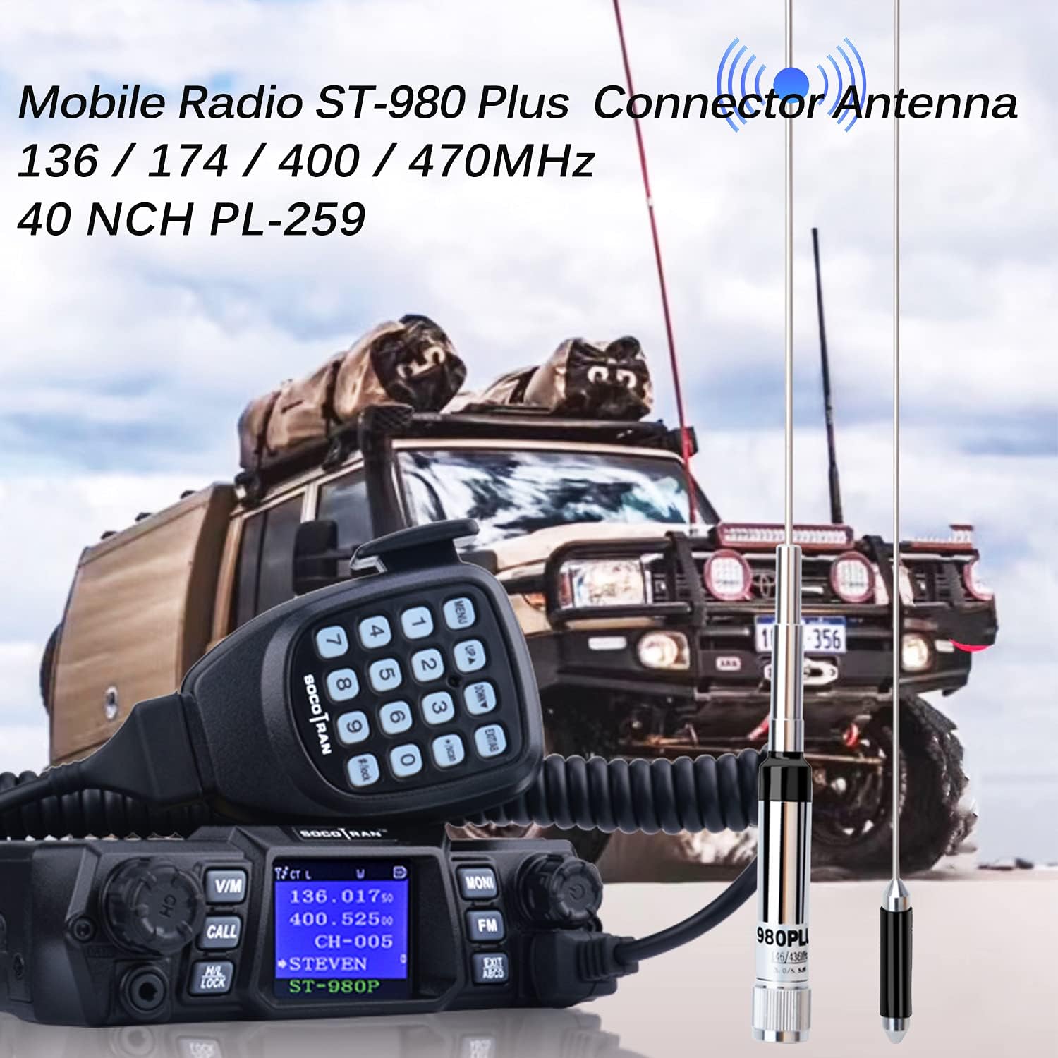 SOCOTRAN ST-980Plus antenna shown with a mobile radio and a vehicle in the background, indicating its use for mobile communication.
