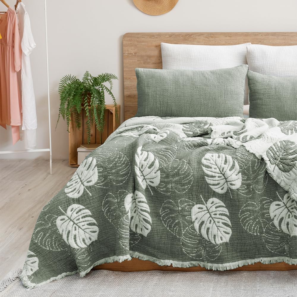 Saheser Home - 6 Layer Muslin Blanket King Size for Adults - 100% Cotton Muslin Bedspread, Weighted Gauze Bed 95" x102", All Season Breathable Soft Cover for King & California King Beds (Green)