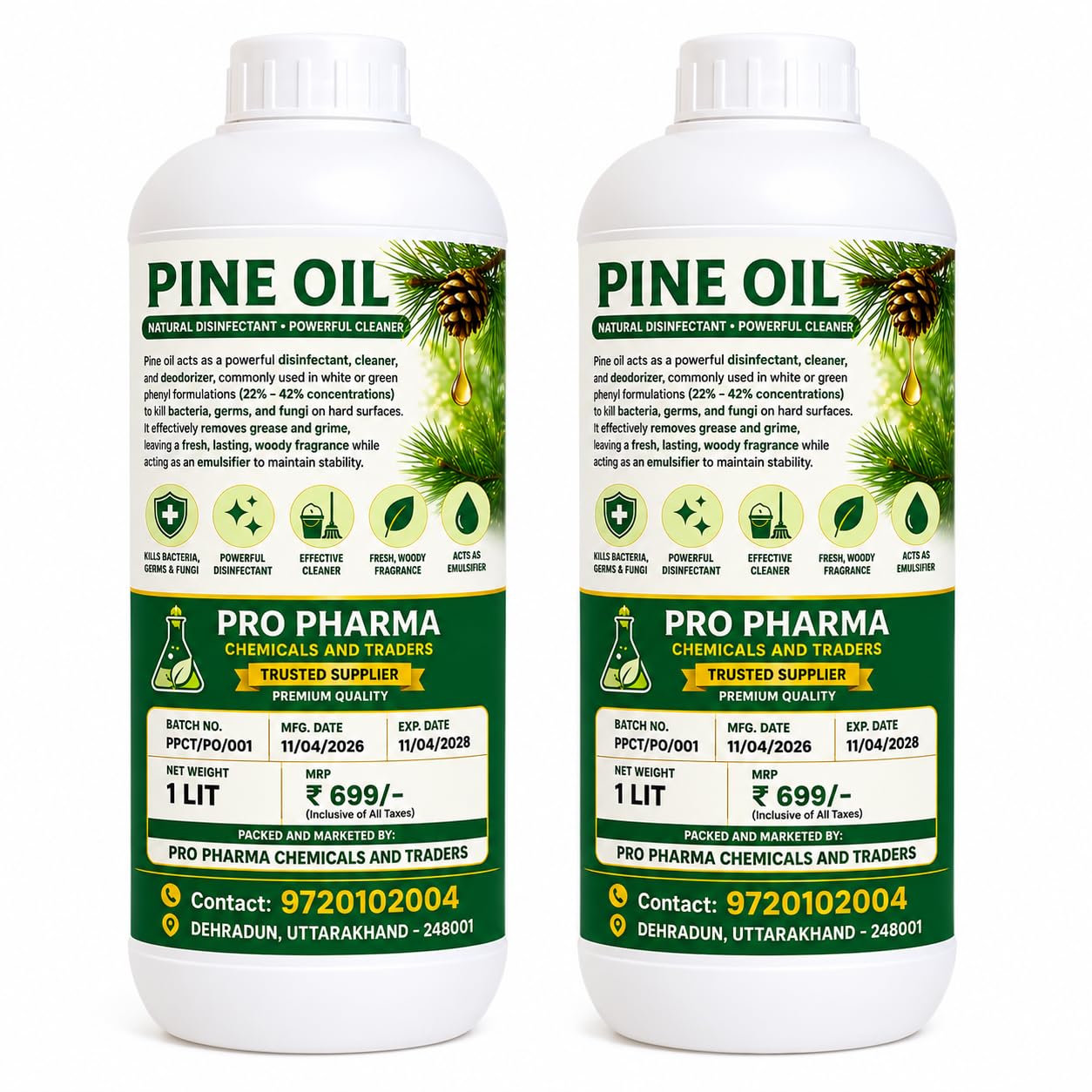 Pine Oil 22%, 1 Liter, Multipurpose Cleaning Solution for Floor and Surface Disinfectant, Pack of 2-image-1