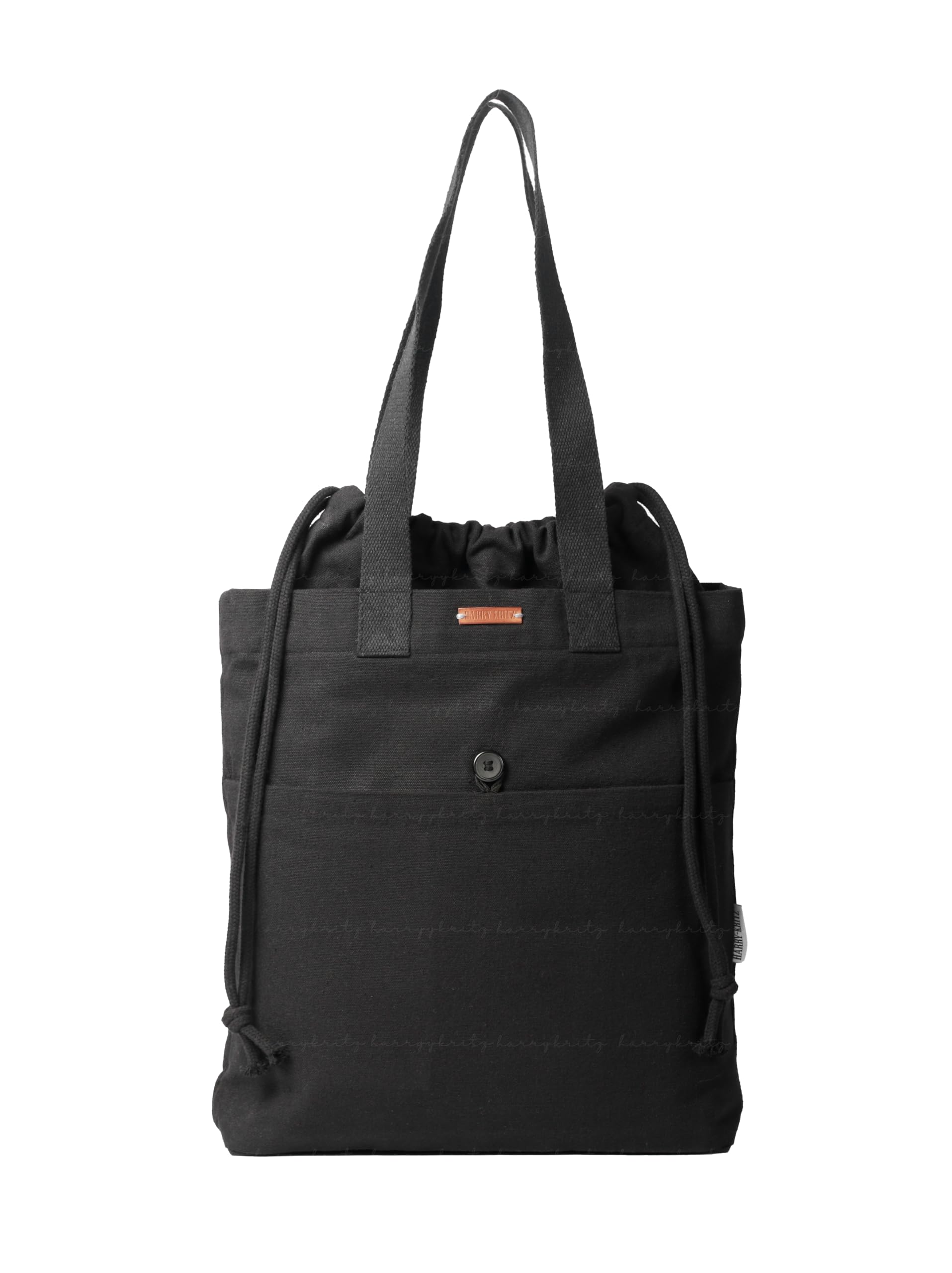 Vertical Cotton Canvas Black Tote Bag with Drawstring Closure for College and Everyday Use-image-23