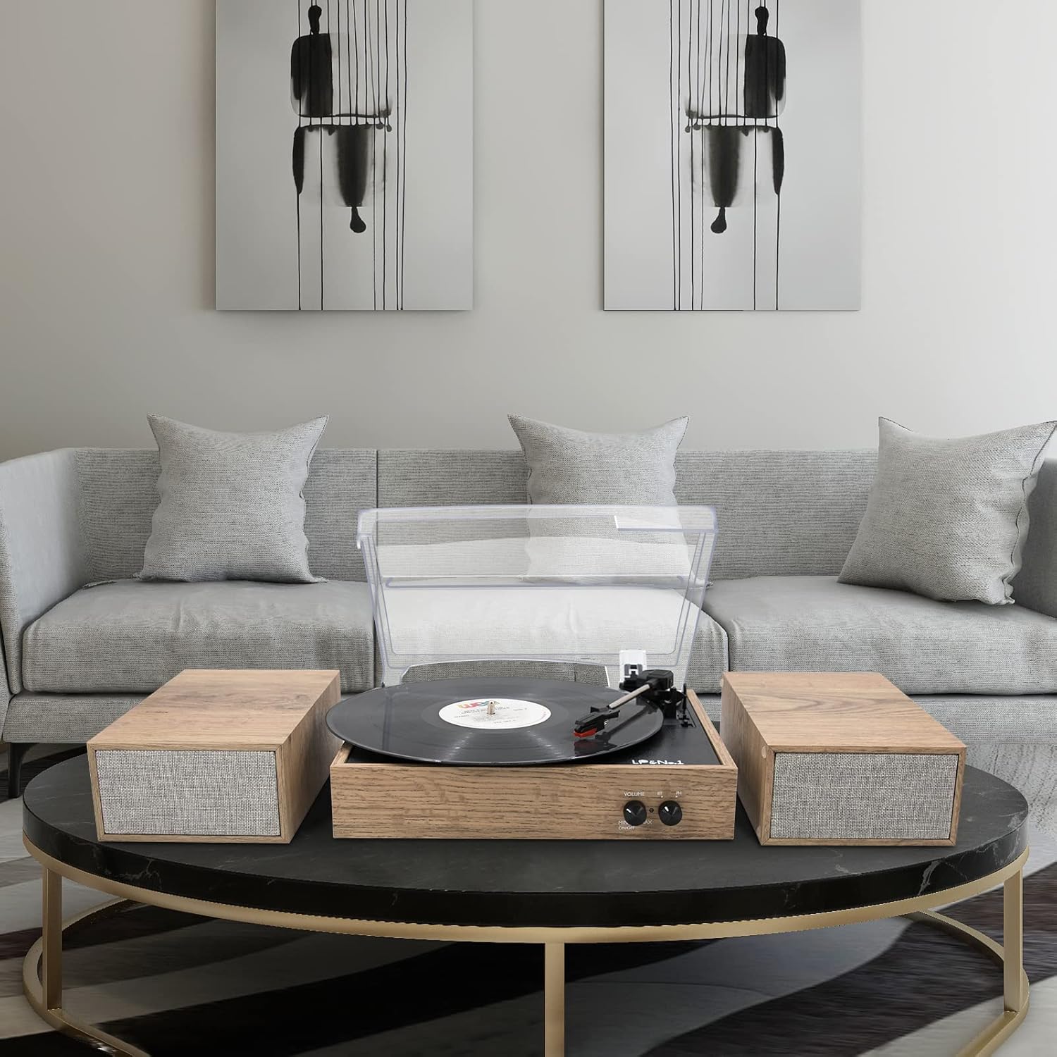 LP&No.1 Wireless Turntable with Stereo Speakers, 3-Speed Vintage Belt-Drive with Wireless Playback & Auto-Stop, Light Wood