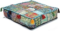 Mam Treasures Indian Bohemian Vintage Patchwork Floor Pillow Cover - Meditation Cushion 22x22x5 Inch Light Blue