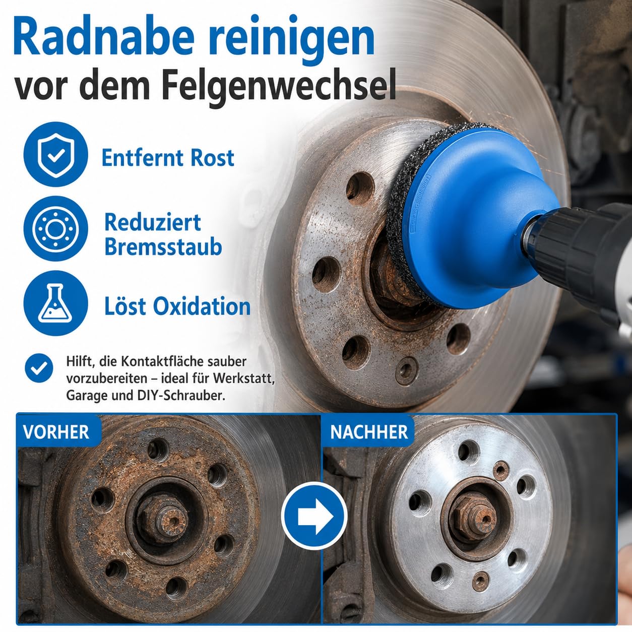 Radnabenschleifer Set 4-teilig, Radnabenreiniger KFZ Innen-Ø 90mm Außen-Ø 150mm mit 2 Schleifscheiben, 1/4 Zoll Sechskant-Adapter, Reinigungsteller für Felgenwechsel Rostentfernung, KFZ Werkstatt