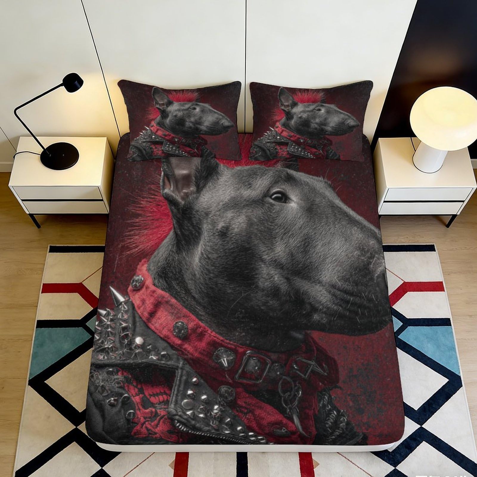 Pnayamiorkfel Style-10 3D Printed Punk Rock Bull Terrier Fitted Sheet Microfiber Red Black Dog Bed Cover Bedroom Dorm Mattress Decor 90X200x25cm
