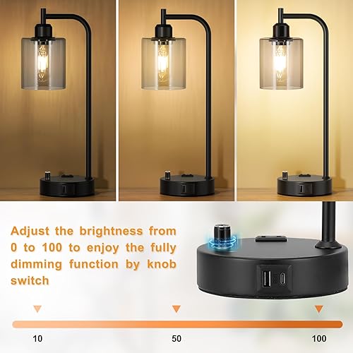 Miniatura 3 de Juego de 2 lámparas industriales de escritorio para oficina, lámparas de noche totalmente regulables con puertos USB A C y tomacorriente, lámparas