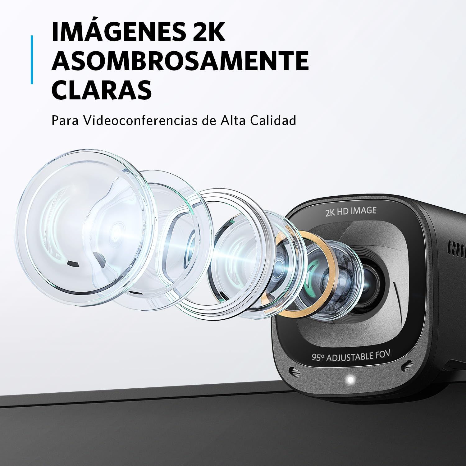 AnkerWork PowerConf C200 2K USB Webcam de Portátil, Cámara de PC, Micros Cancelación Ruido IA, Micros Estéreo, Campo de Visión Ajustable, Corrección Poca Luz, Tapa Incorporada para La Privacidad