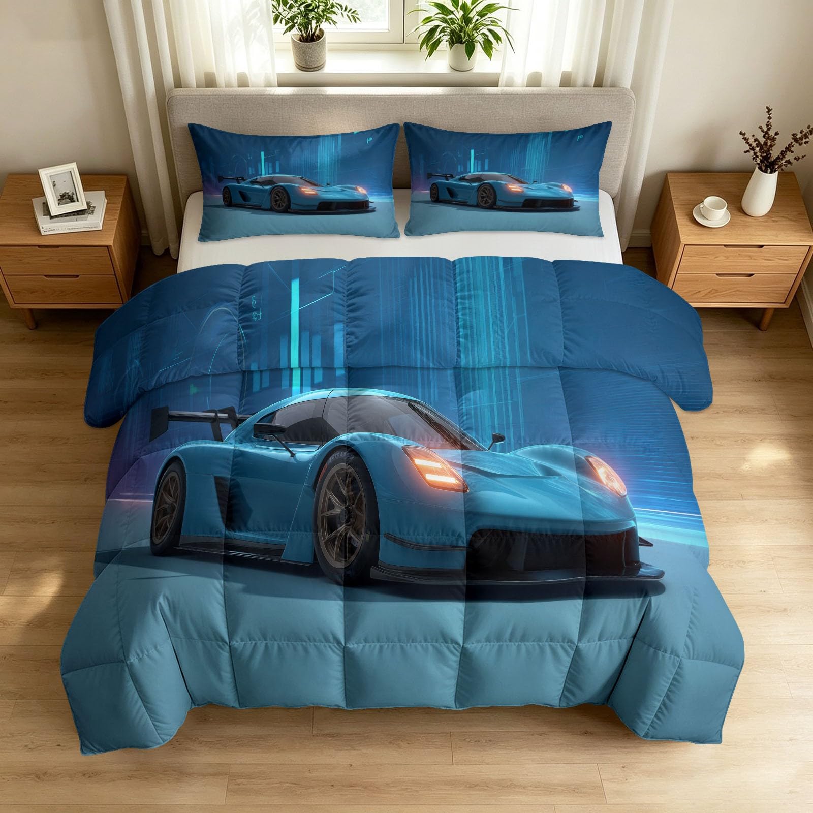 Générique Dynamiczna prędkość kołdra temperowana 140 x 200 cm dla dzieci łóżko jednoosobowe, wszystkie pory roku Ciepła kołdra antyalergiczna, supercar 3D wyścigi samochodowe koc zmywalny bez pokrowca