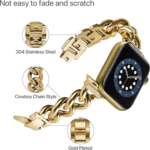 Miniatura 2 de Compatible con Apple Watch Band de 1.496 in 1.575 in 1.614 in 1.654 in 1.732 in 1.772 in 1.929 in, cadena vaquera dorada de acero inoxidable para