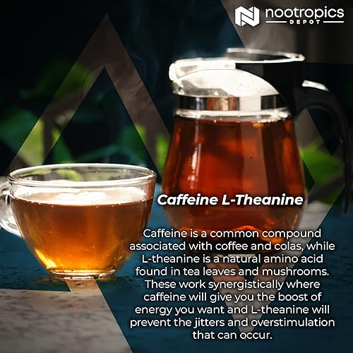Miniatura 8 de Nootropics Depot Cápsulas de cafeína L-teanina  180 píldoras  Contiene 100 mg de cafeína y 200 mg de L-teanina  Potenciador cerebral  Suplemento