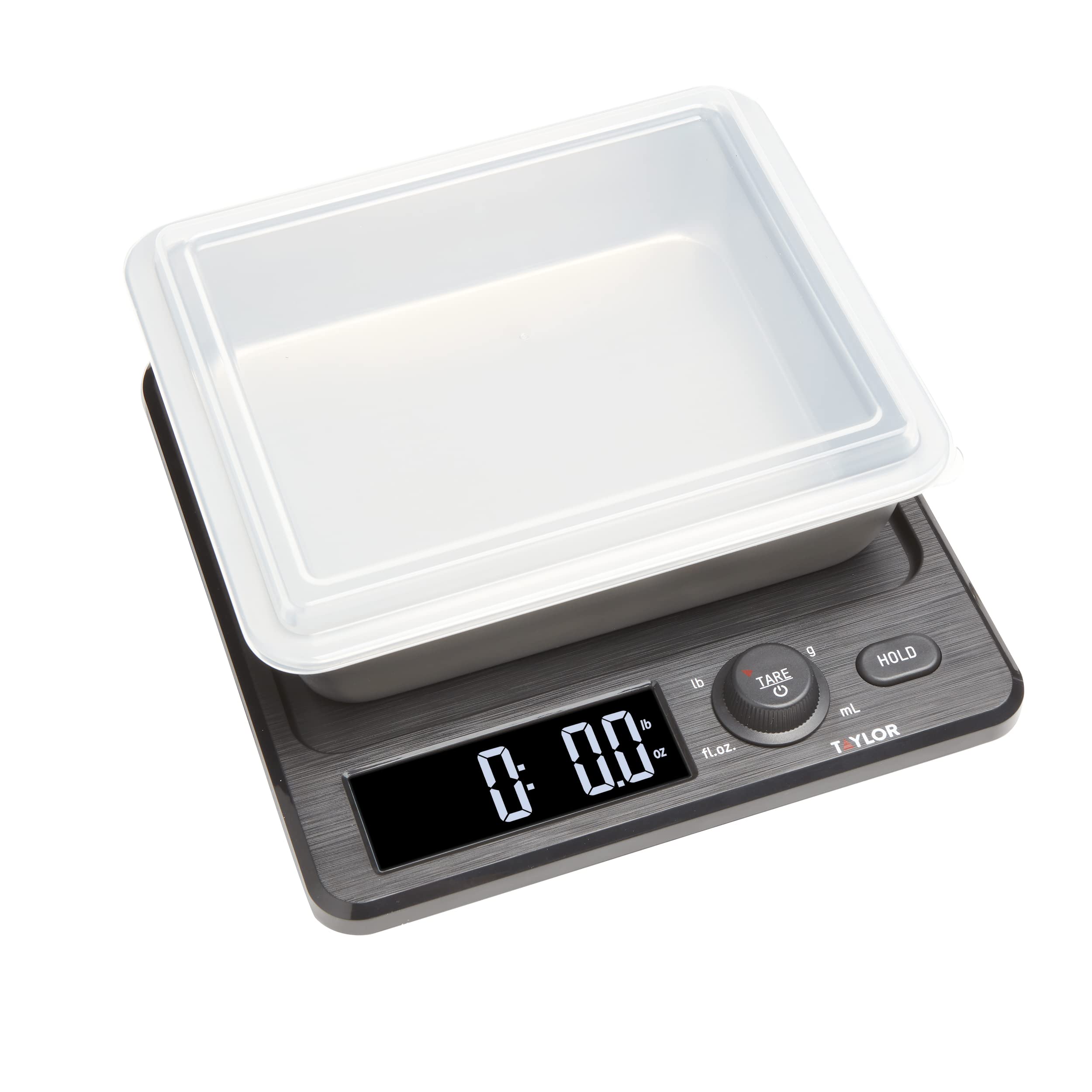 Taylor Precision Products Digital Kitchen Scale with Dishwasher Safe Stainless Steel Container and Snap On, 22 pound capacity, Black