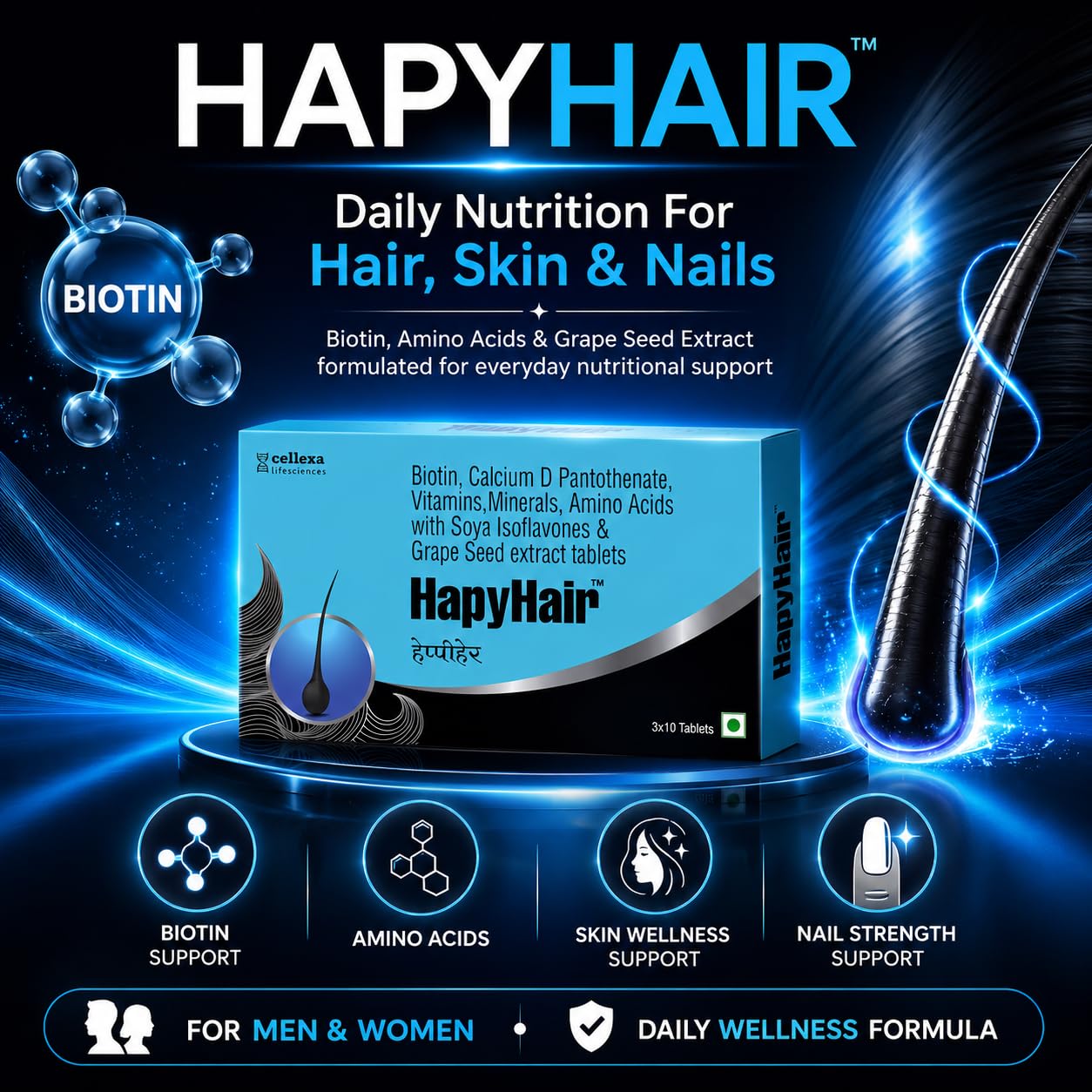 HappyHair Biotin Tablets for Hair Growth, Skin & Nails | 30 Tablets for Men & Women | 100% RDA Biotin, Multivitamins, Amino Acids & Grape Seed Extract | Daily Hair Nutrition & DHT-Related Hair Wellness Support (30 count (Pack of 1)) — Amazon image 6