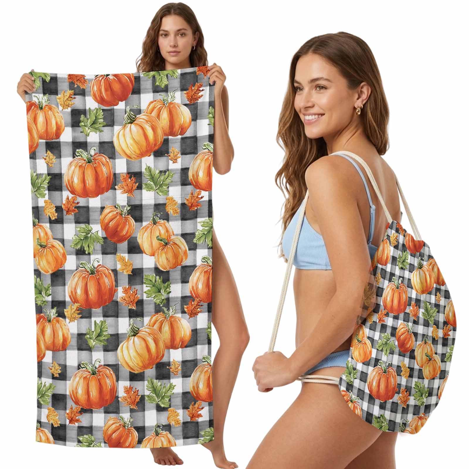 2-in-1 Beach Towel Backpack,Fall Pumpkin Maple Leaf Thanksgiving Bath Towel with Built-in Storage Farm Harvest Retro Plaid Convertible Foldable Beach Blanket for Travel Pool Gym Camping Swim,31x63in