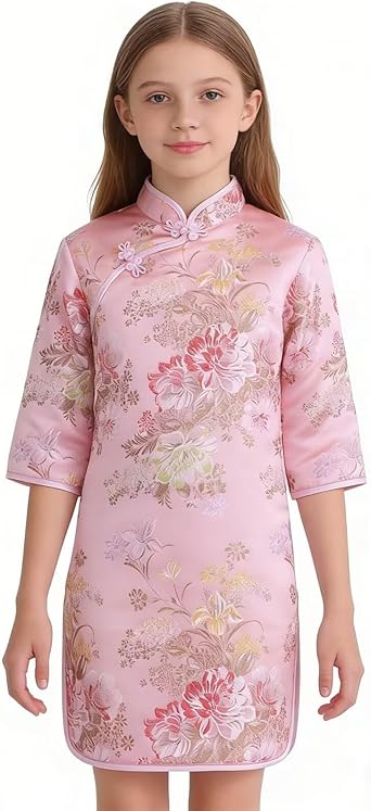 Chinese Girls Dress Peony Rose Qipao Half Sleeve Cheongsam Wedding Dresses Princess Birthday Party Costume Pink,16