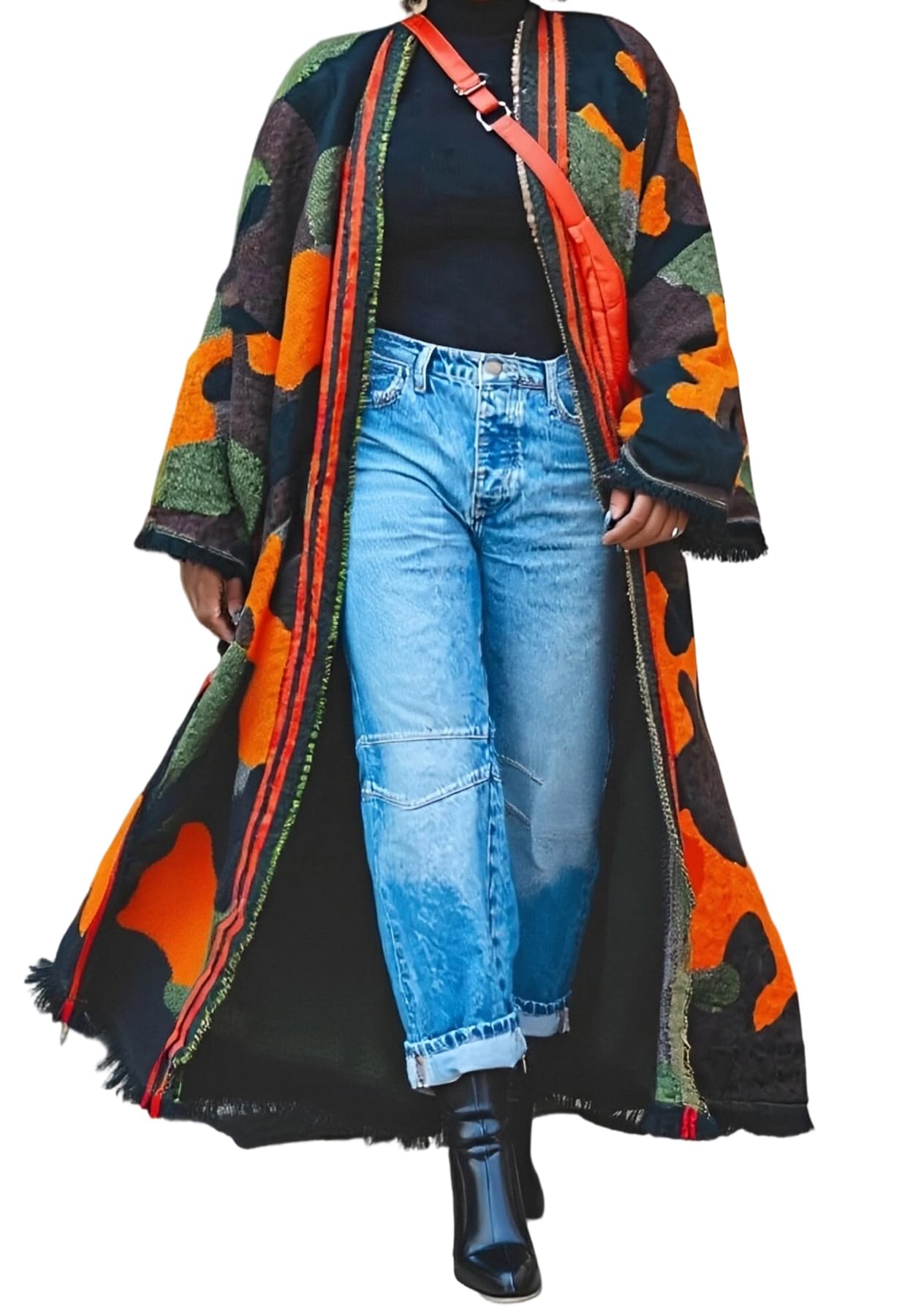 Womens Long Open Front Cardigans Long Sleeve Camo Shawl Sweater Chunky Cable Knit Fringed Outwear Coat