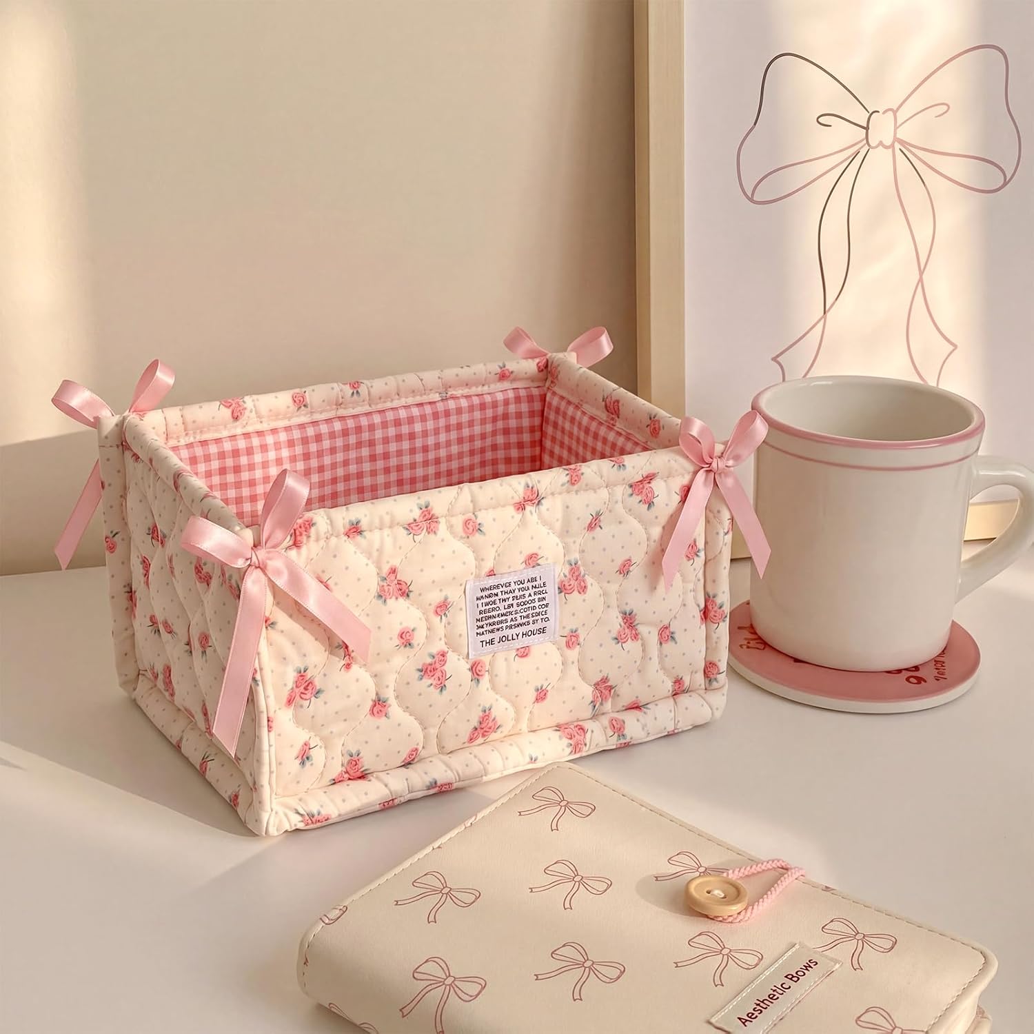 Mifoci Quilted Floral Storage Basket Preppy Cotton Decorative Laundry Basket Coquette Fabric Storage Bin Quilted Boho Car Organizer Bin with Pink Bow for Women Bedroom Nursery Home Picnic
