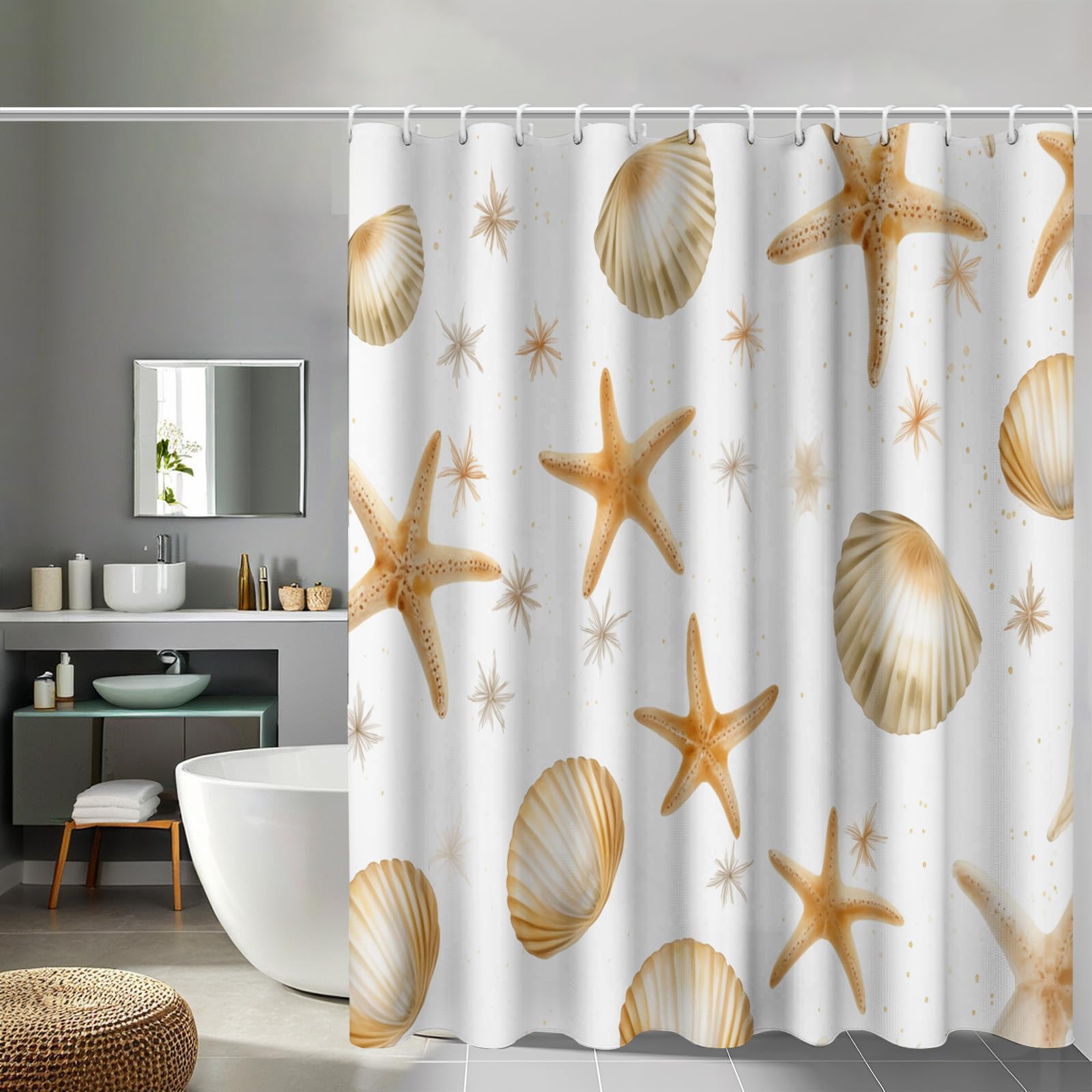 Rideau de douche 180x180 cm imperméable polyester blanc cassé à motifs étoiles de mer