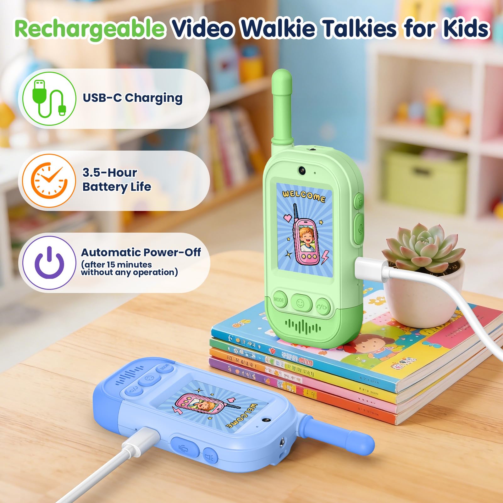Video Walkie Talkie Kinder, Gofunly 2er Set Walky Talky Aufladbar mit Bildschirm, 400M Reichweite, Geburtstagsgeschenk Weihnachten Spielzeug für Jungen & Mädchen 3-12 Jahre - Grün+Blau