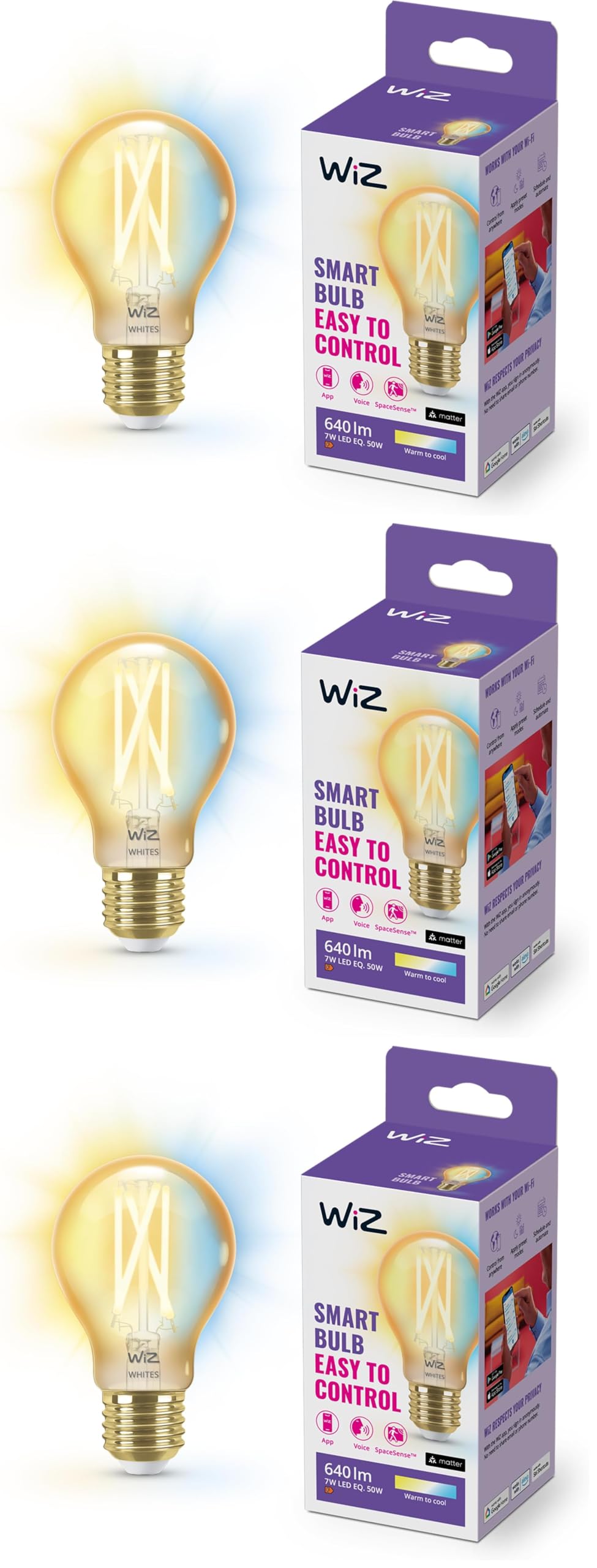WiZ ampoule LED Connectée Wi-Fi E27, Standard Vintage, Nuances de Blanc, équivalent 50W, 640 lumen, fonctionne avec Alexa, Google Assistant et Apple HomeKit (Lot de 3)