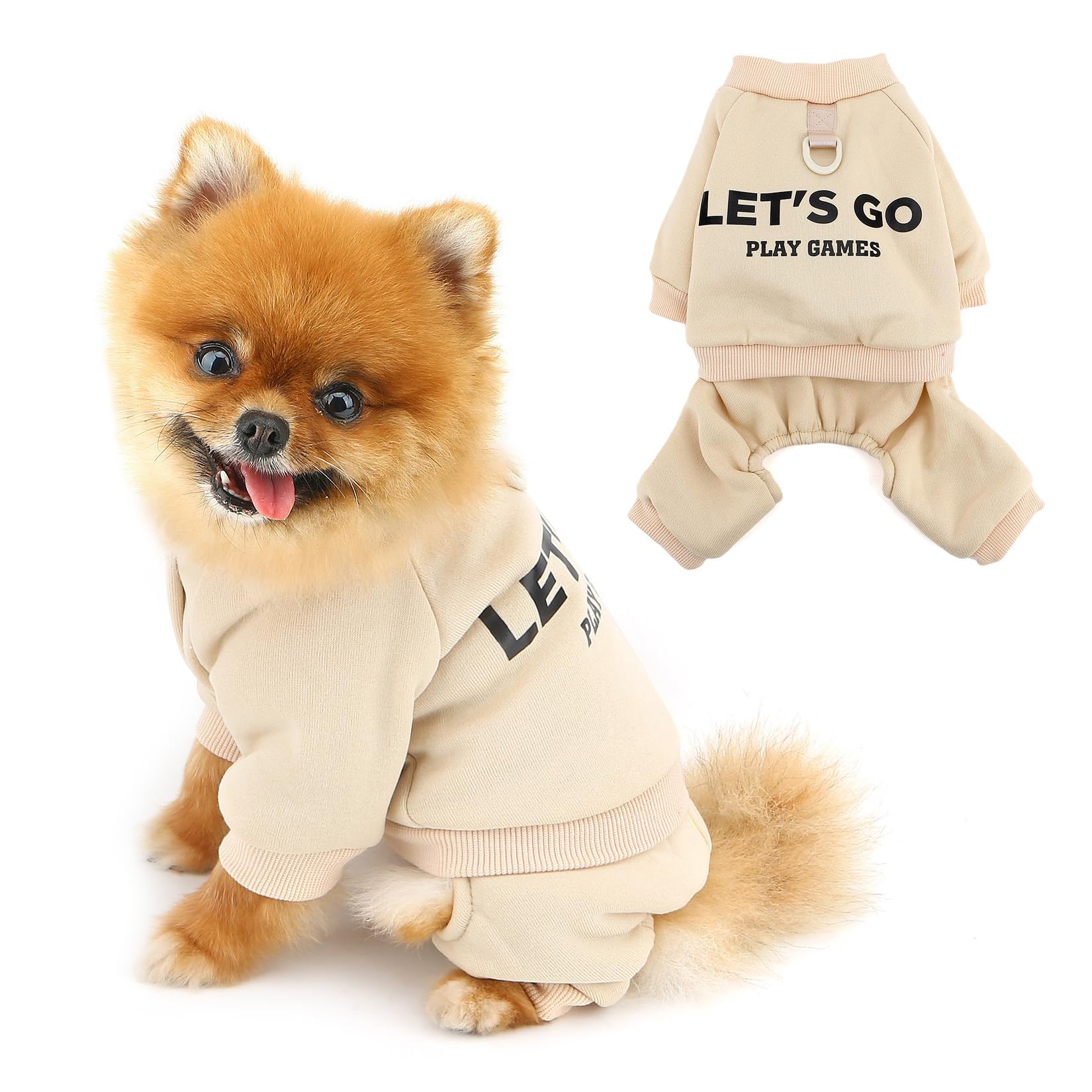 PAIDEFUL Cosy Fleece Dog Jumper with Lead Ring, Warm Four-Leg Pet Tracksuit, Graphic One-Piece Puppy Pyjamas for Small Dogs Cats Chihuahua Yorkie Puppy,Beige,M