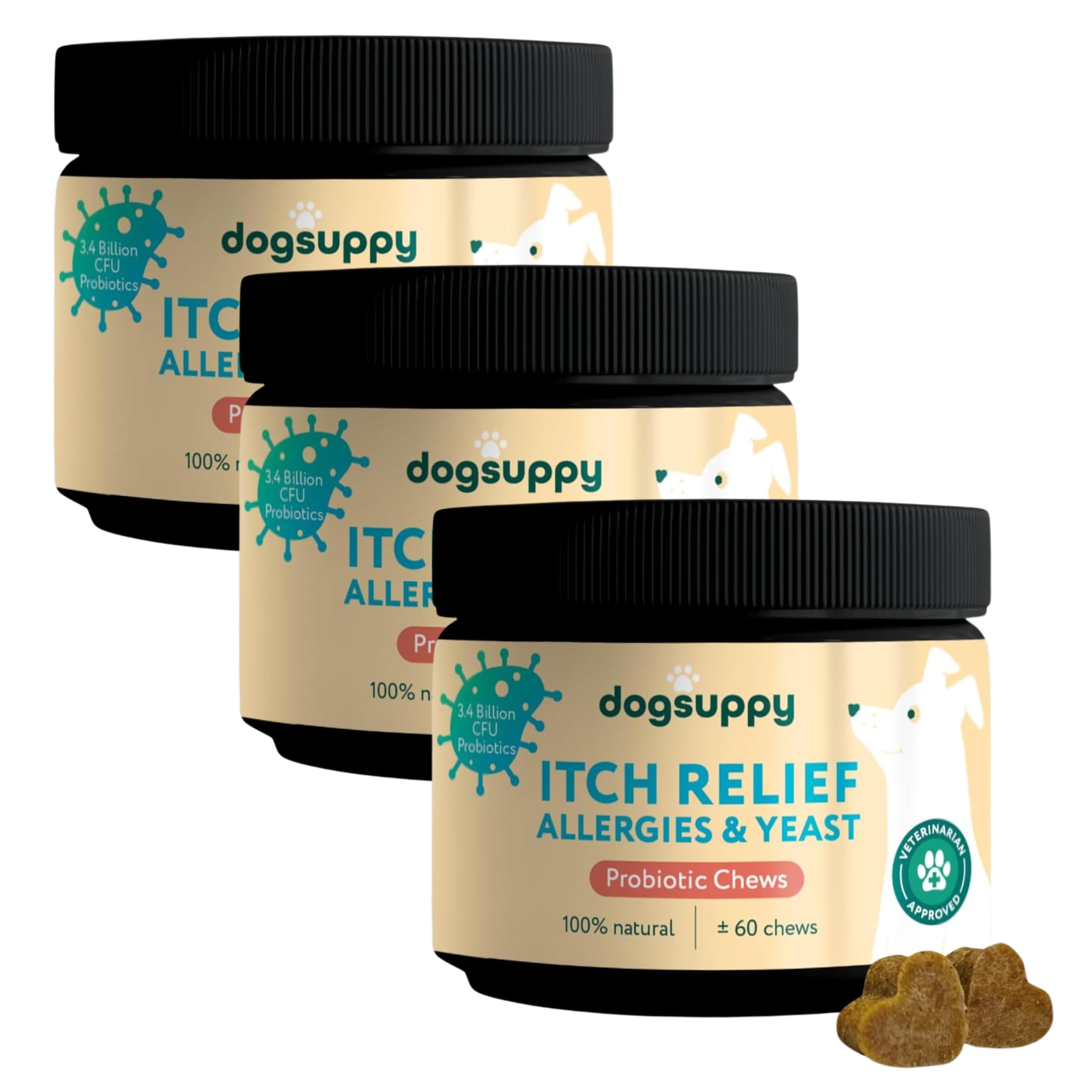 DogSuppy Itch Relief For Dogs – Relieves Itching, Scratching, Licking, Allergies & Yeast, 100% Natural, Supports Gut Health & Immunity – For Small, Medium & Large Dogs | 180 Chews (540g), Without meat