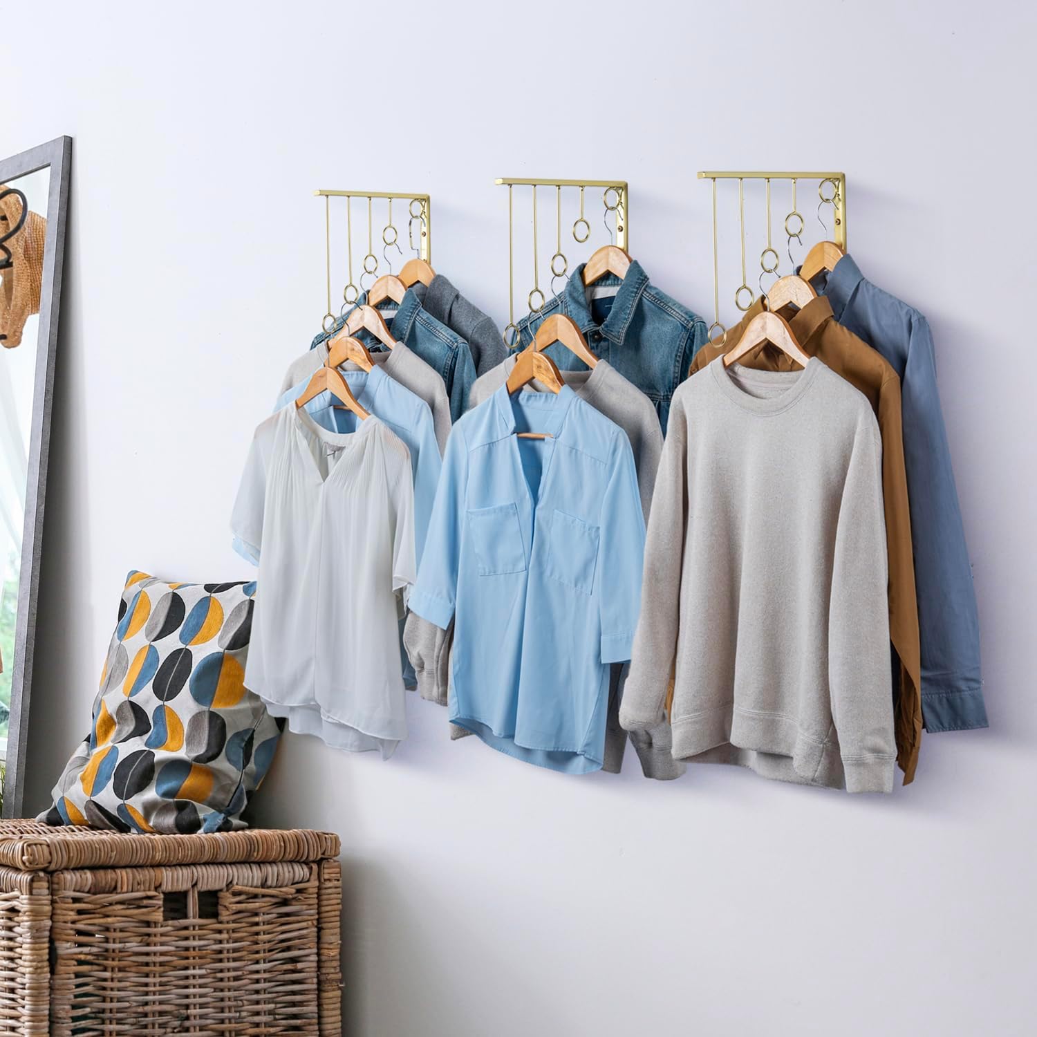 MyGift 3 Pack Wall Mounted Gold Tone Metal Garment Rack with 5 Hanging Rings, Sturdy for Clothing Display, Retail Clothing Organizer, Wall Hanger for Clothes Coat for Entryway, Mudroom, Bedroom