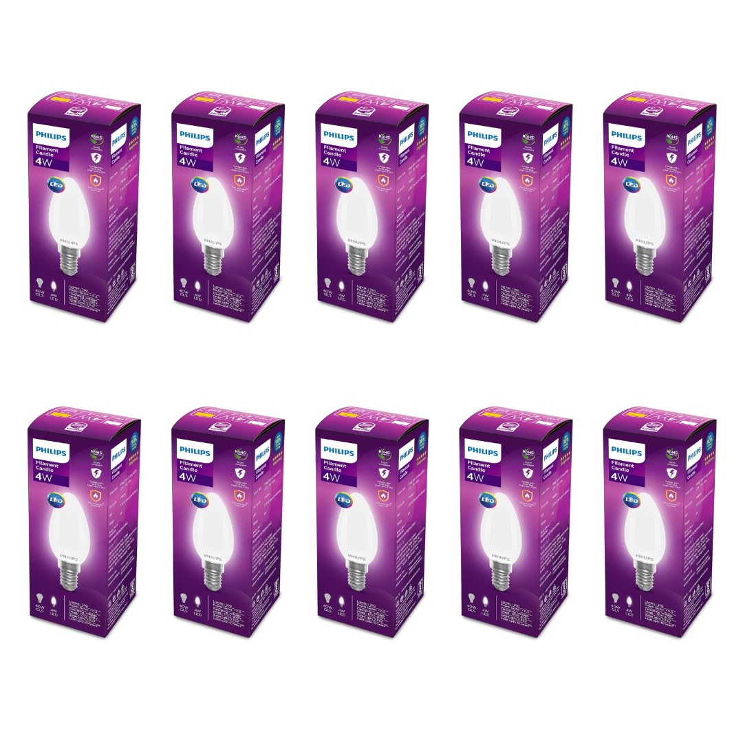 PHILIPS 4-Watt 400-lumen Frosted Candle E14 Base (Cool White, Pack of 10) - Decorative, Ambience for Chandeliers, Wall lights, Desk lamps, Floor lamps (B086GYDXKH) Amazon Price History, Amazon Price Tracker