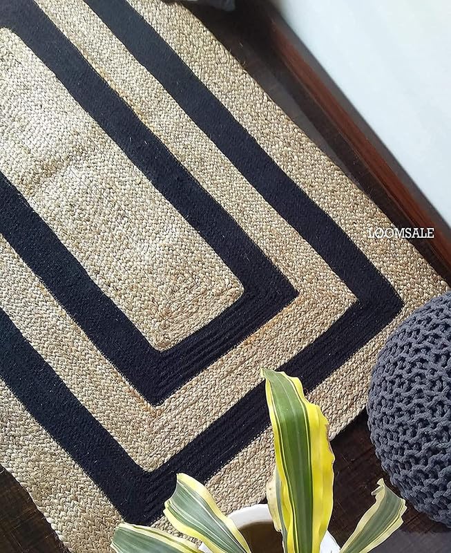 Image of F R Creation Jute Reversible Braided Natural & Handwoven Jute Carpet, Carpet for Living Room Braided Rug, Offices Carpet, Guest Room Size (9X12 Feet Beige and Black)