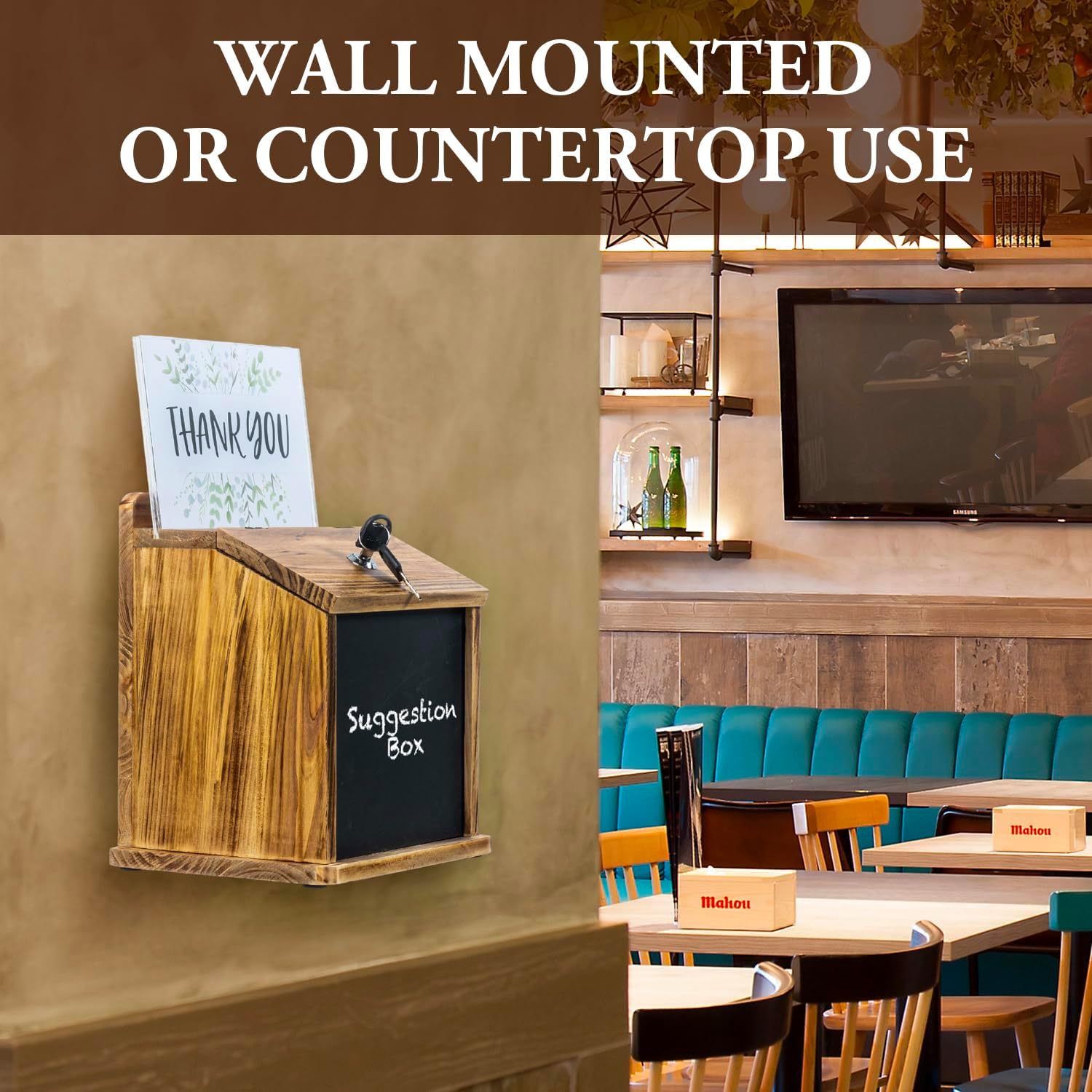 MyGift Tip Jar, Donation Box for Fundraising, Wood Suggestion Box with Lock and Key, Comment Ballot Raffle Box Wall Mountable, Clear Acrylic Sign Holder, Chalkboard Surface