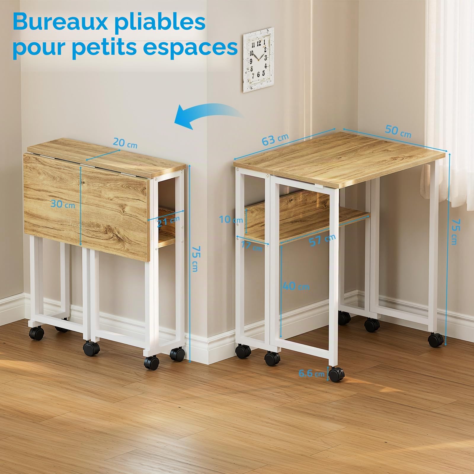 GreenForest Bureau Pliable à roulettes, 63cm Table d'appoint avec Rangement | Bureaux d’Ordinateur et Facile à Assembler pour Petit Espaces, Bureau Pliante pour Télétravail, Domicile ou Chambre, Beige