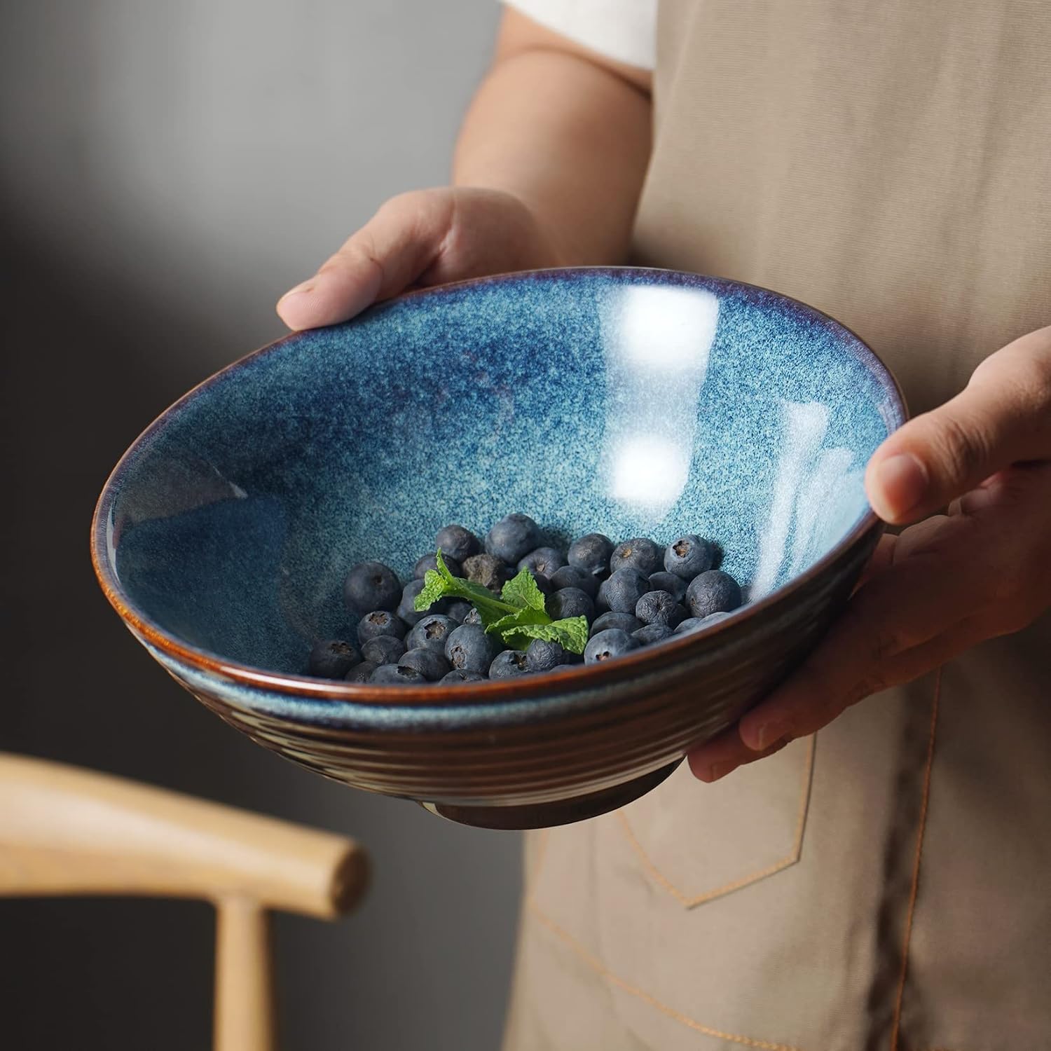 Ceramic Japanese Style Ramen Bowl Set with Chopsticks,8 inch 40 oz Pho Bowls & Asian Soup Bowl and Spoons Set for Udon Noodle,Soba,Miso Soup,Set of 2 (blue) image 2