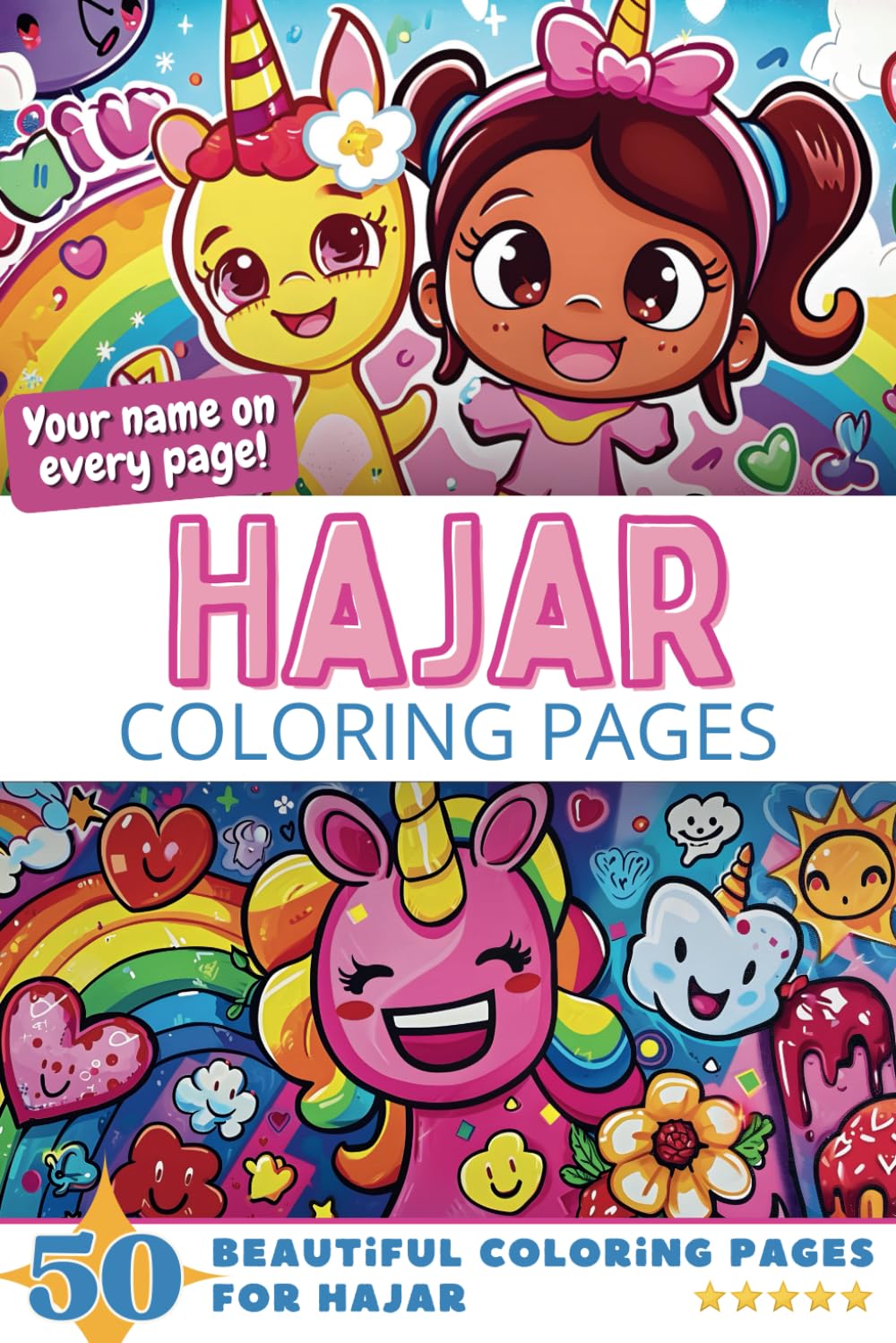 Hajar Coloring Pages: Wow-Effect! Your name on every page - Hajar coloring book - 6x9" - 50x Hajar coloring page - Fantastic Gift