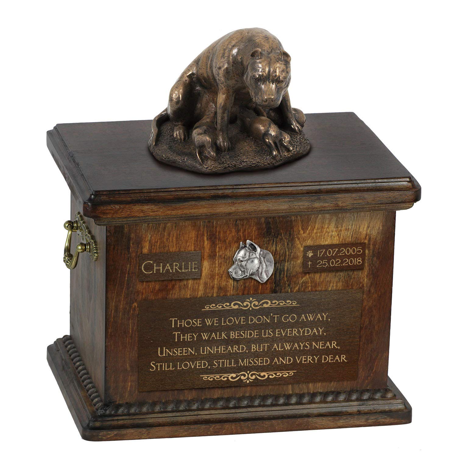 Urne Chien American Staffordshire Terrier III : Statue Bronze Coulé à Froid sur Base Bouleau