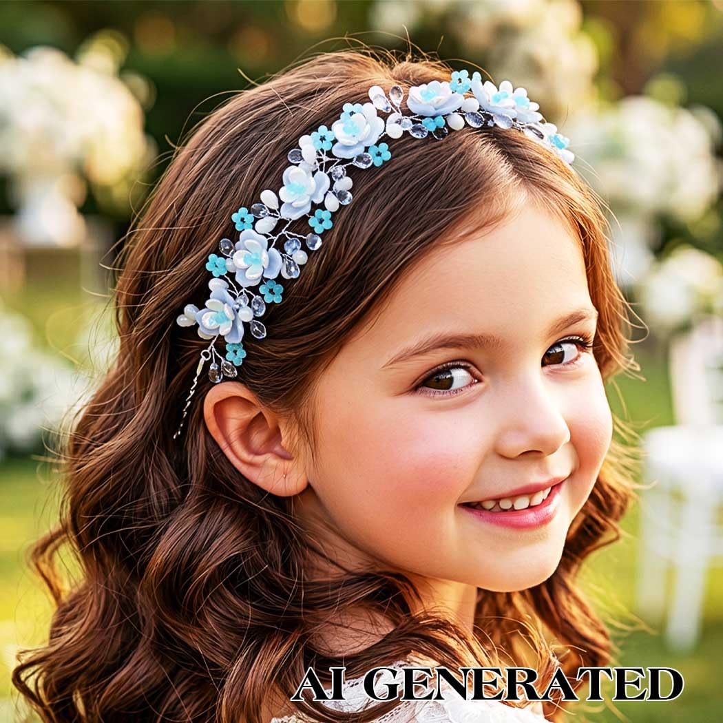 IYOU Fille de Fleur Serre-tête Bleu Fleuri Princesse Pièce de tête Cristal Communion Mariée Mariage Accessoires de Cheveux pour Filles