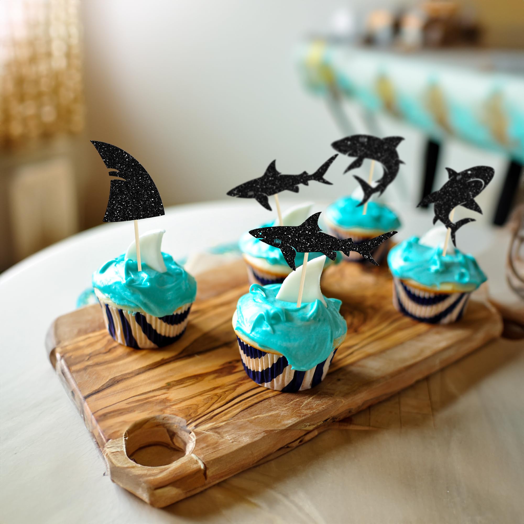 Gyufise 24 Piezas De Adornos De Tiburón, Con Purpurina Azul, Aleta De Tiburón, Para Cupcakes, Animales Del Océano, Tema De Tiburón, Baby Shower, Fiesta De Cumpleaños Para Niños, Suministros De
