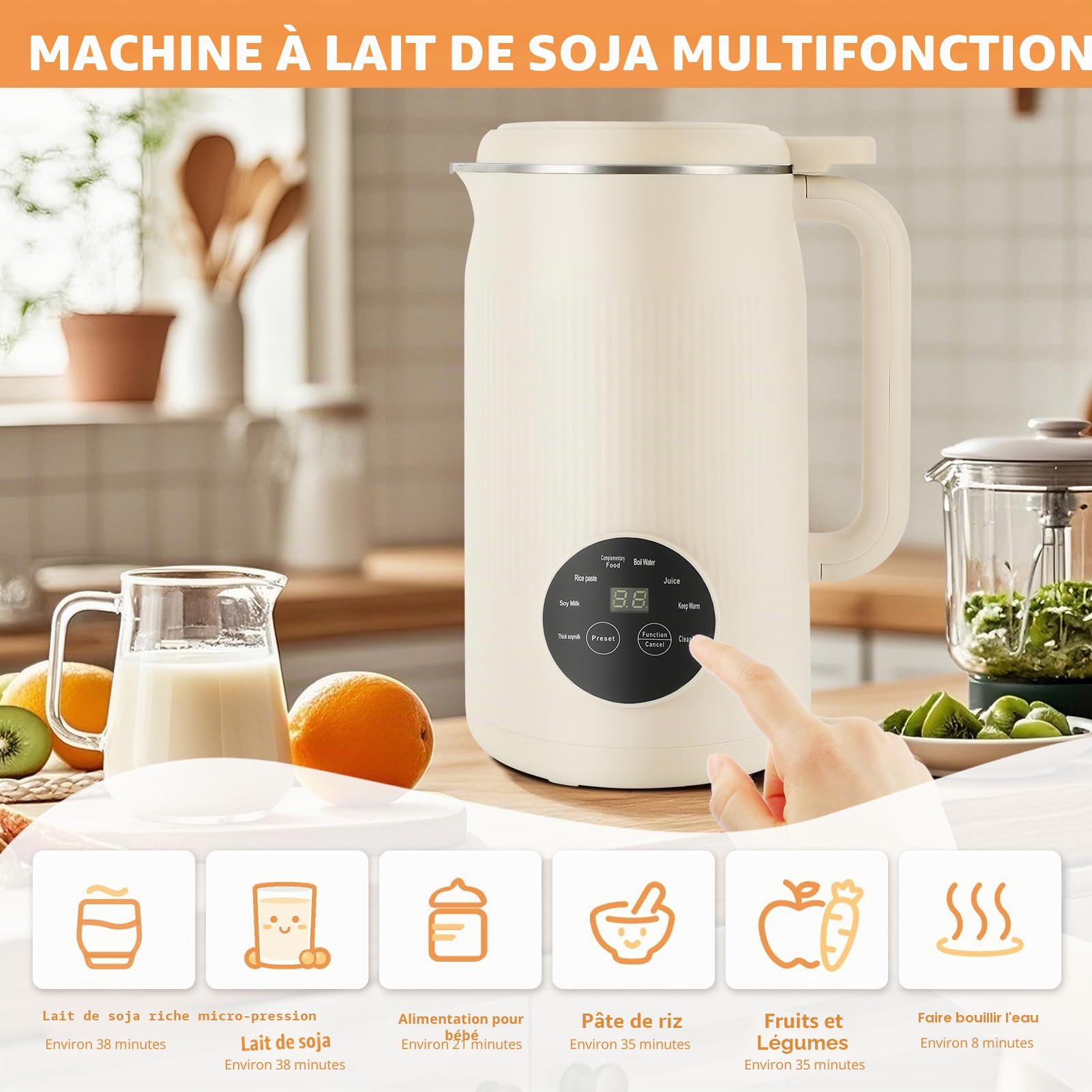 8 IN 1 Machine à Lait Végétaux, 800W 1200ml Blinder Soupe Chauffant, Machine à Lait de Noix avec 10 Lames, pour Avoine, Soja, Noix, Fruits etc. Multifonctionnel et Santé