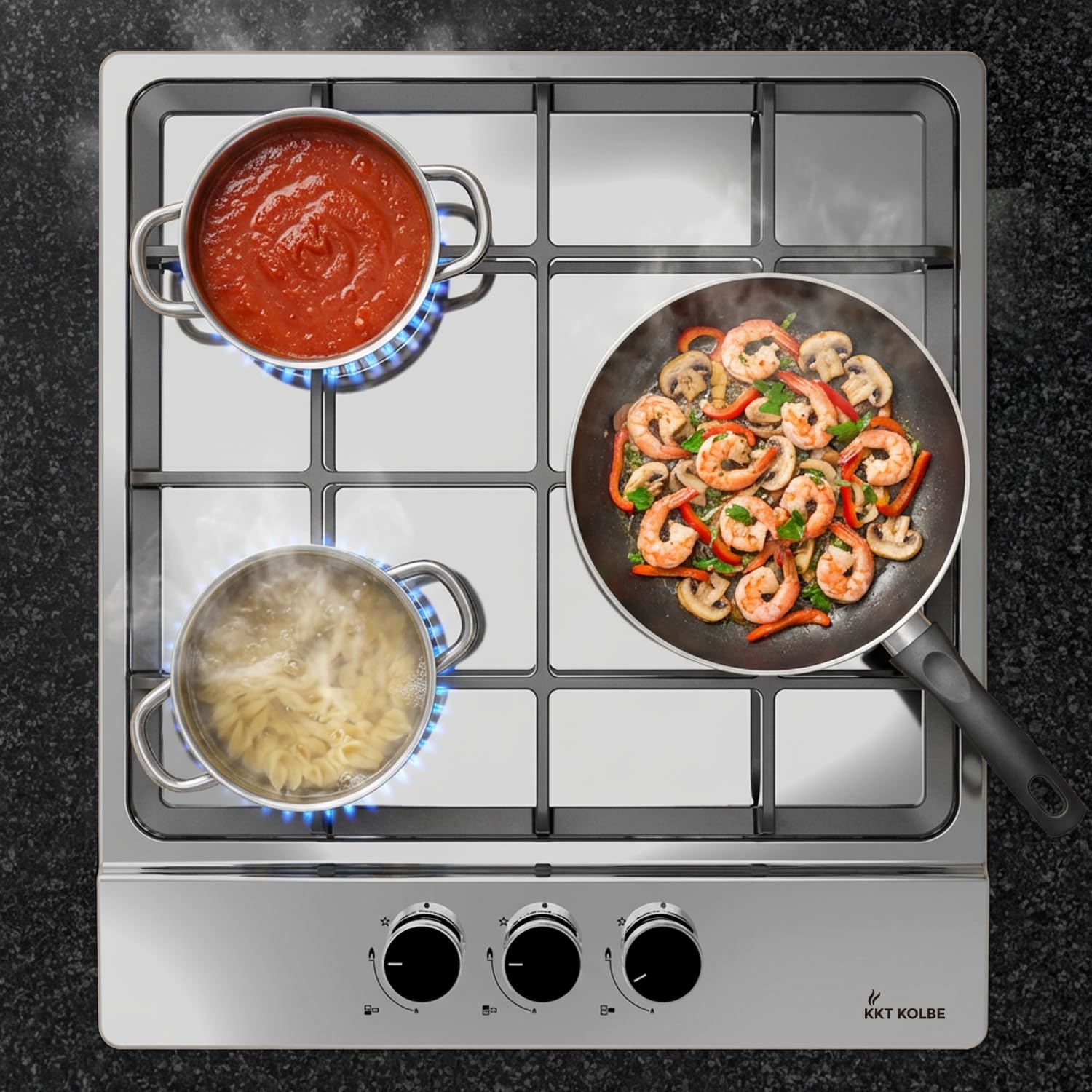 KKT KOLBE Piano cottura a gas da 44,5 cm, autonomo, 6,2 kW, 3 fuochi, regolabile in continuo, zona wok, senza cornice, controllo a manopola, supporti in ghisa, acciaio inox, gas propano, gas naturale